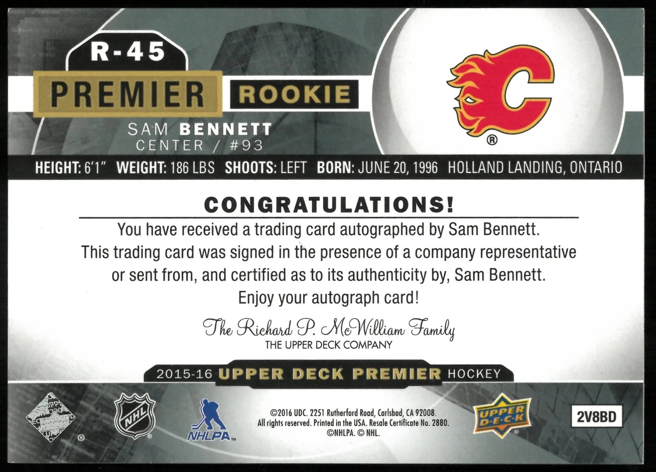 2015-16 Upper Deck Premier Sam Bennett RC Rookie Premier Auto /49 