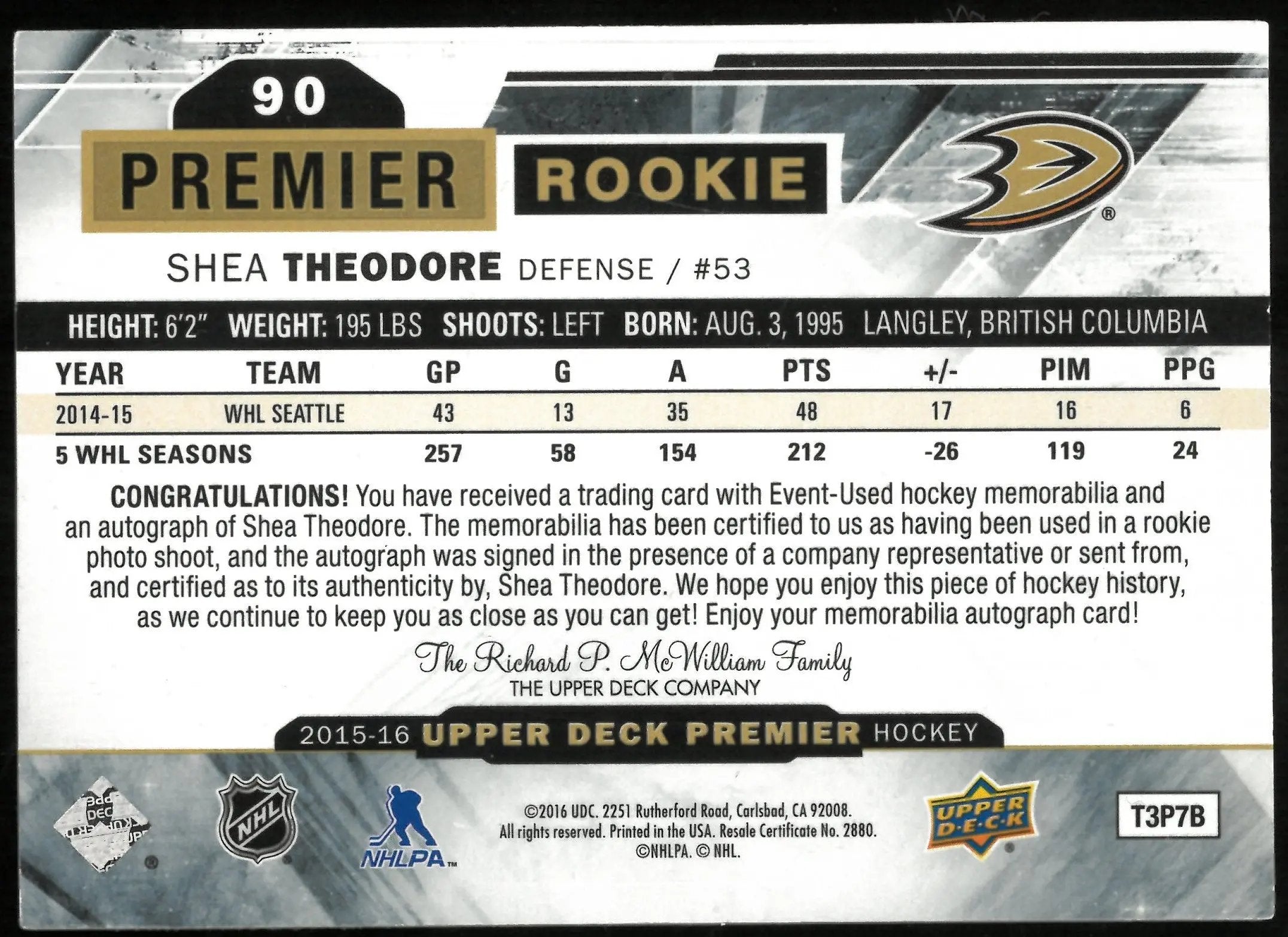 2015-16 Upper Deck Premier Shea Theodore RC Rookie 3 Color Patch Auto /65 