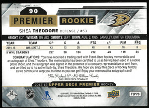 2015-16 Upper Deck Premier Shea Theodore RC Rookie 3 Color Patch Auto /65 