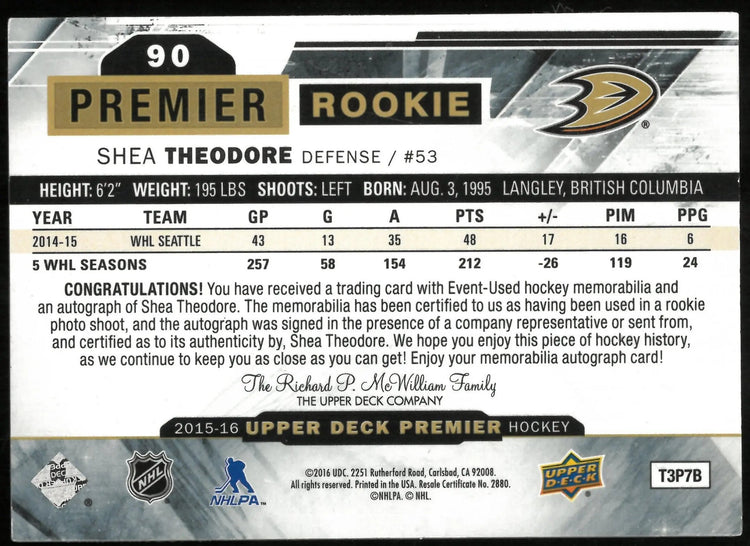 2015-16 Upper Deck Premier Shea Theodore RC Rookie 3 Color Patch Auto /65 