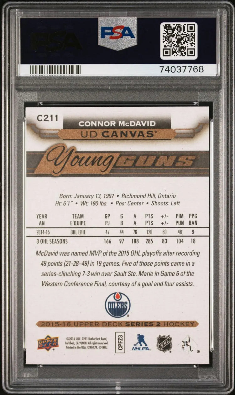 2015-16 Upper Deck S2 UD Canvas Young Guns Rookie Connor McDavid RC PSA 10 