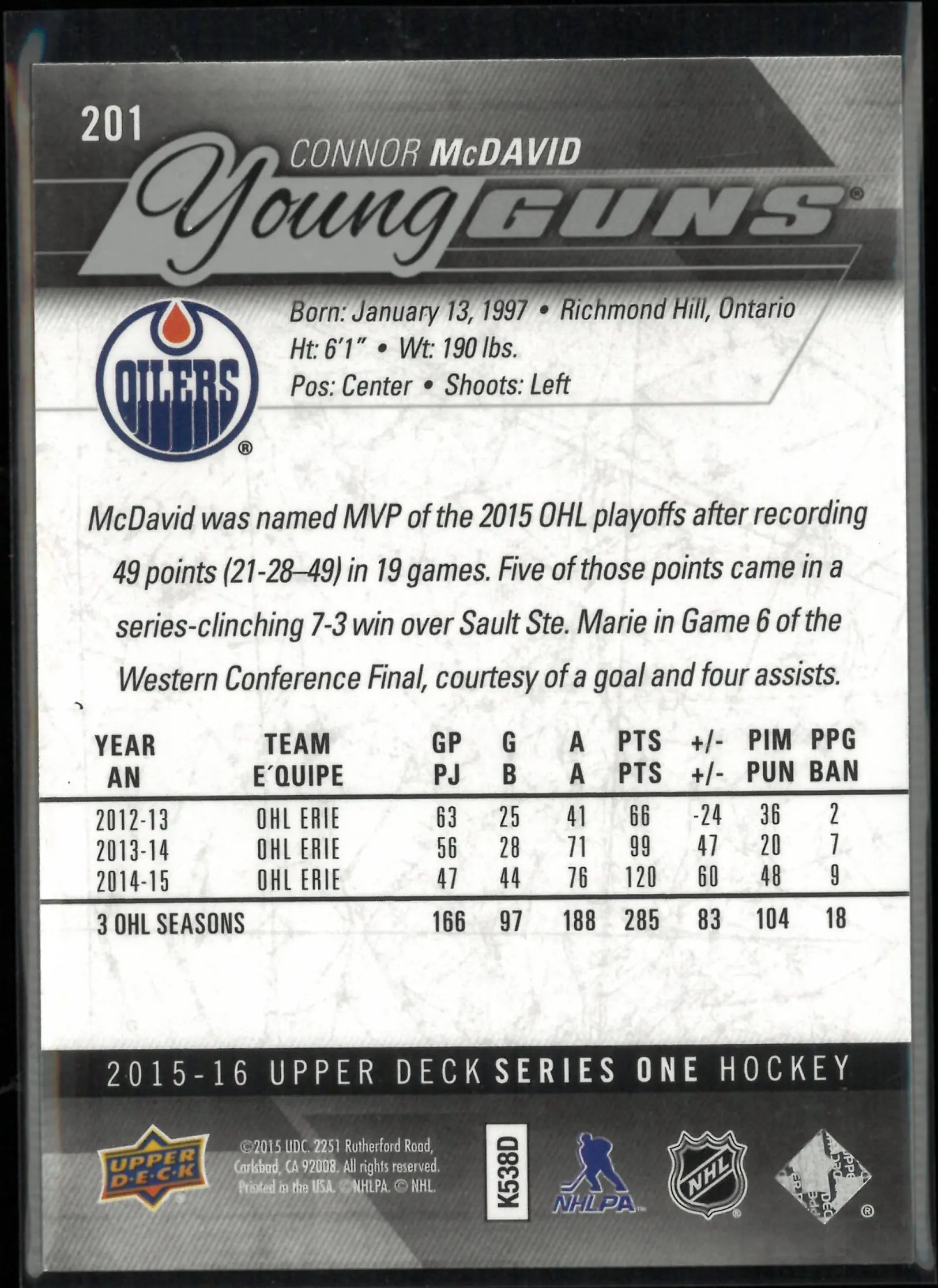 2015-16 Upper Deck Series 1 Young Guns Rookie Connor McDavid RC 
