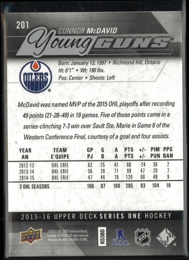 2015-16 Upper Deck Series 1 Young Guns Rookie Connor McDavid RC 