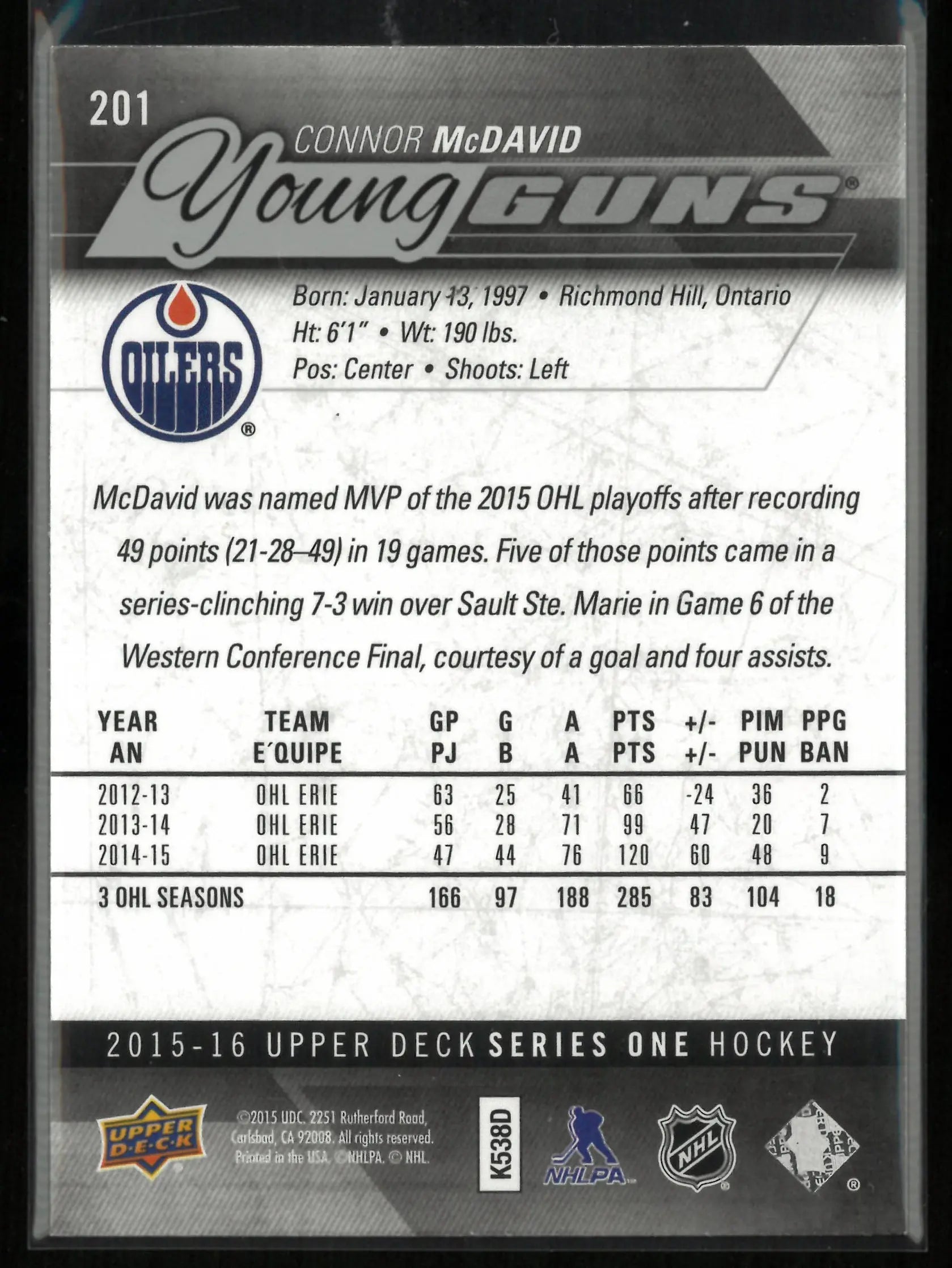 2015-16 Upper Deck Series 1 Young Guns Rookie Connord McDavid RC 