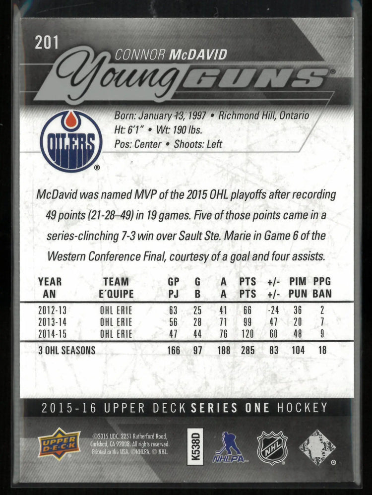 2015-16 Upper Deck Series 1 Young Guns Rookie Connord McDavid RC 