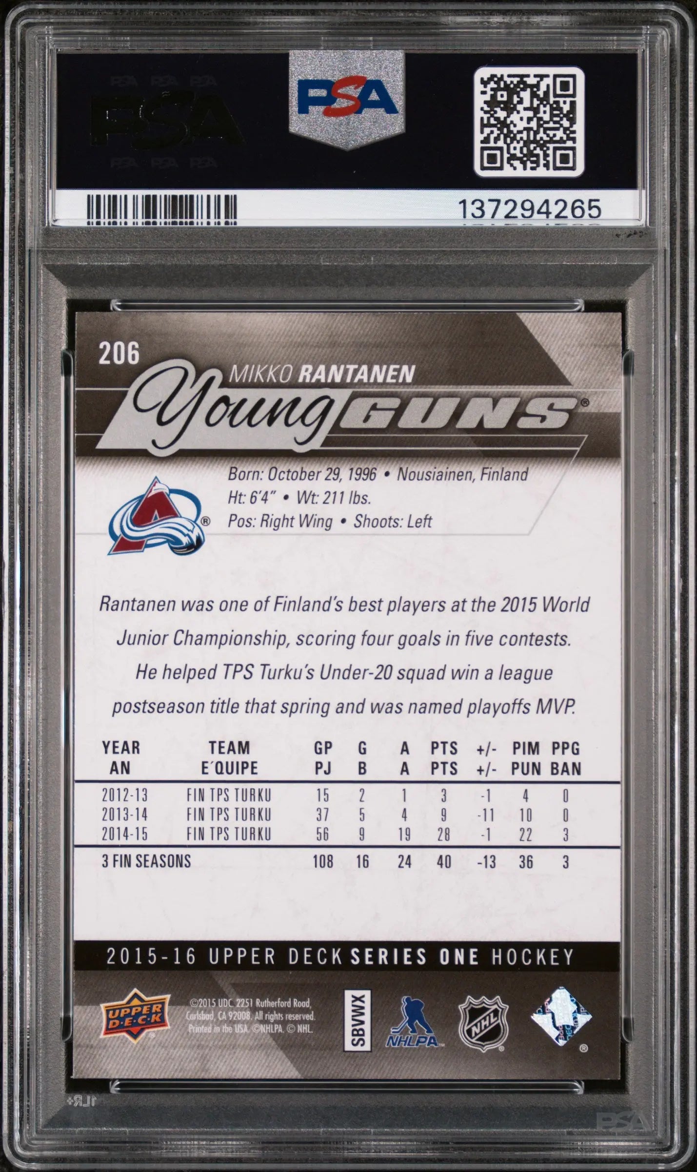 2015-16 Upper Deck Series 1 Young Guns Rookie RC Mikko Rantanen #206 PSA 10 