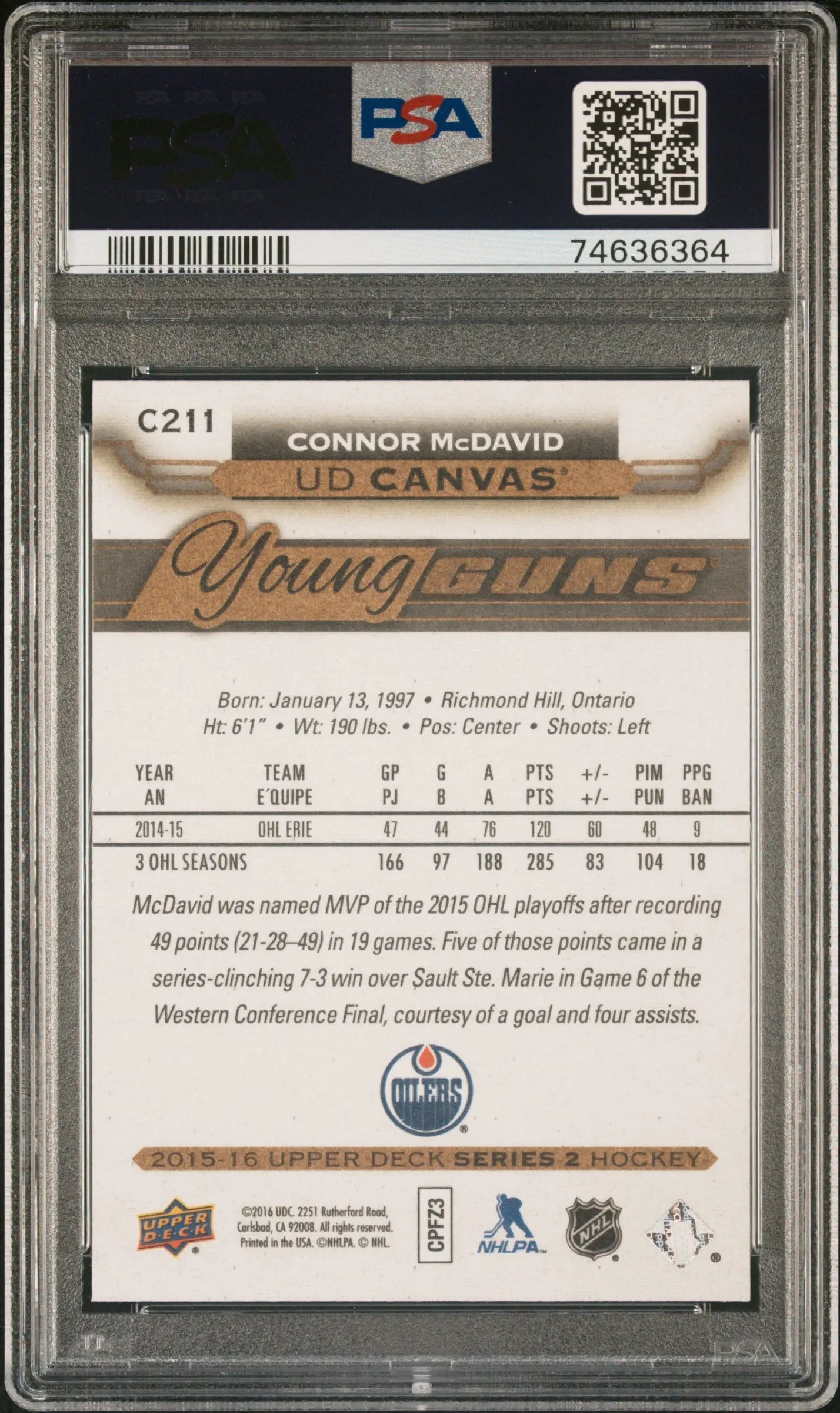2015-16 Upper Deck Series 2 UD Canvas Young Guns RC  Connor McDavid PSA 10 