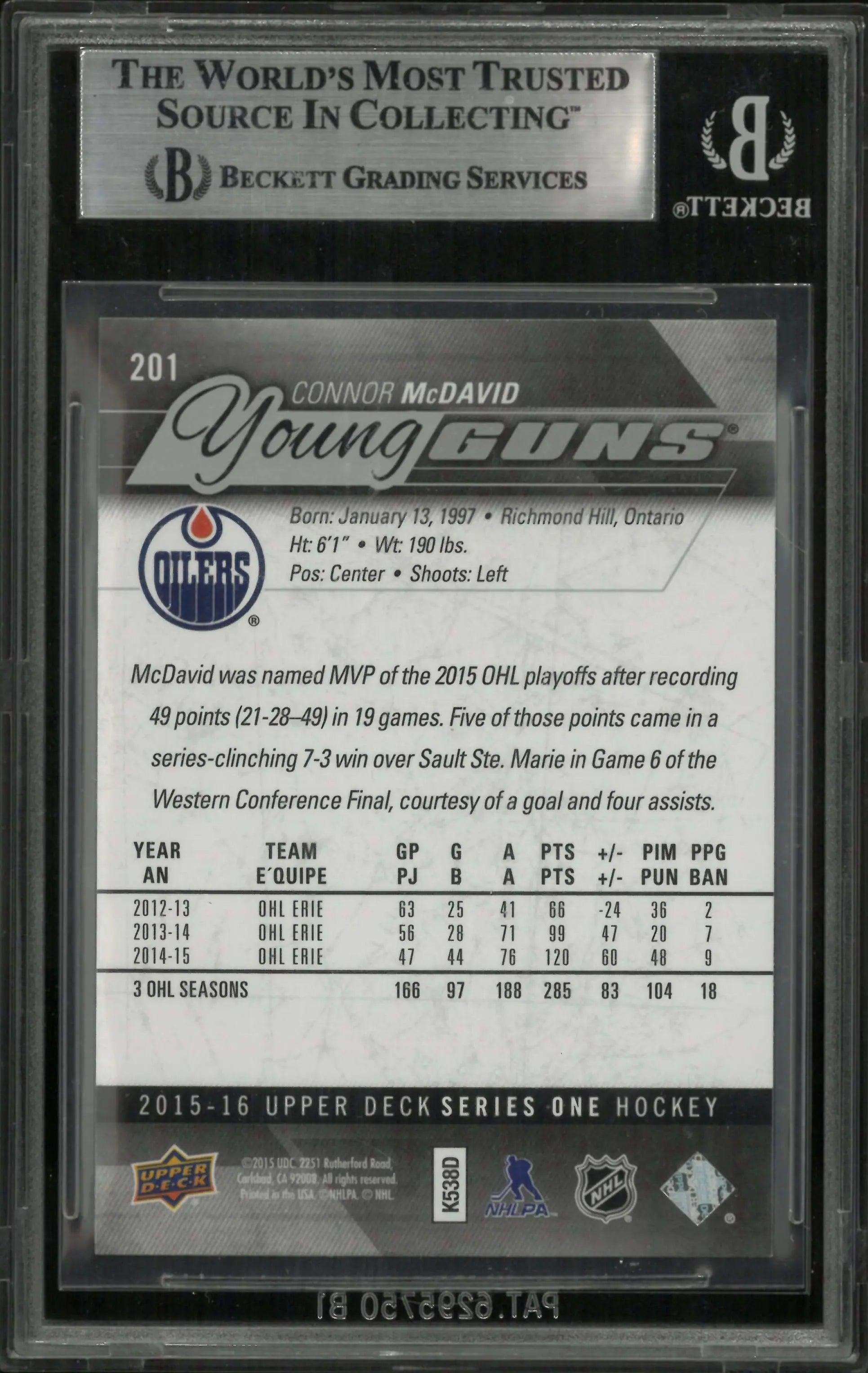 2015-16 Upper Deck Series One Connor McDavid Young Guns RC Rookie BGS 9 