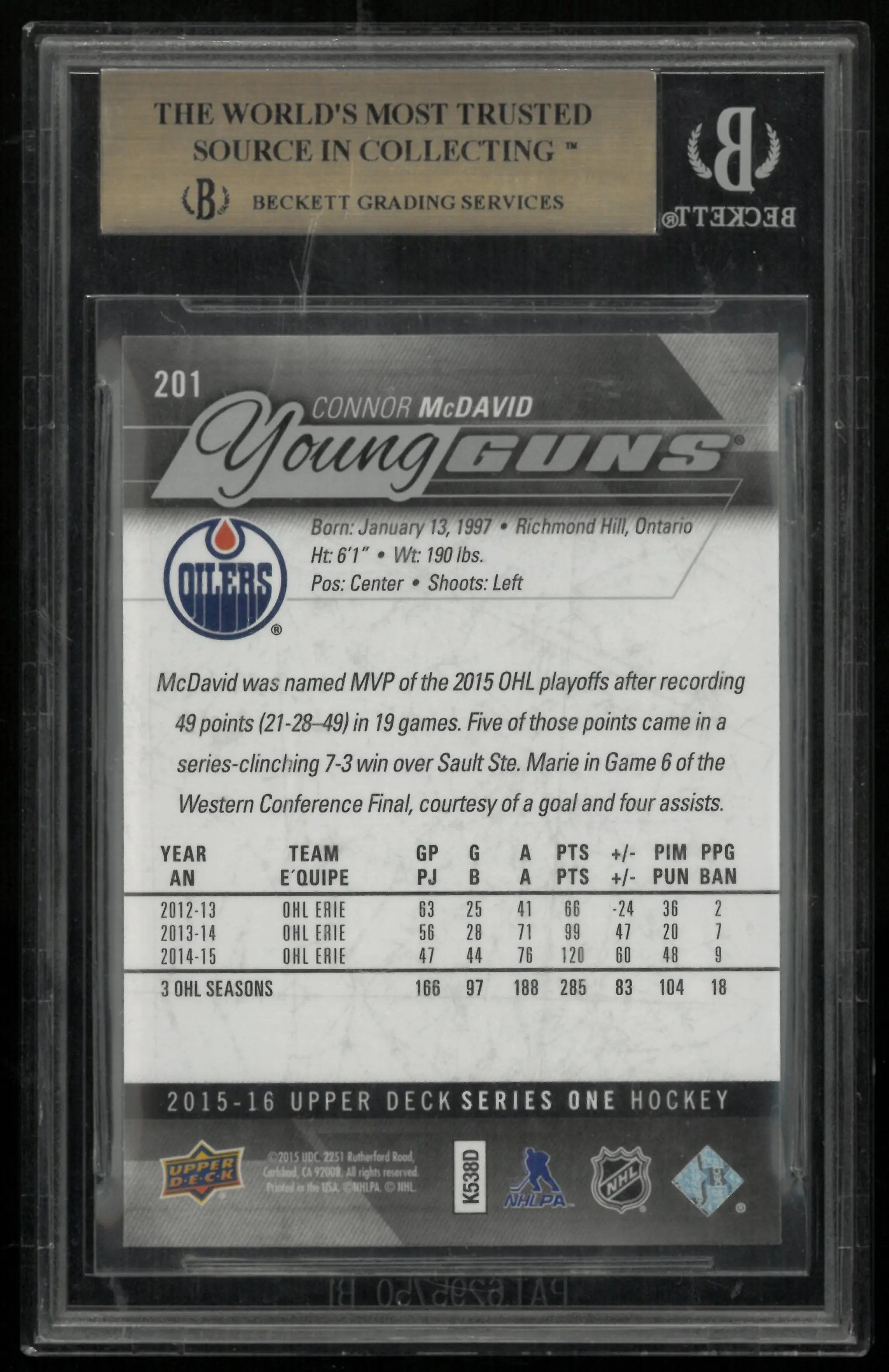2015-16 Upper Deck Series One Connor McDavid Young Guns RC Rookie BGS 9.5 