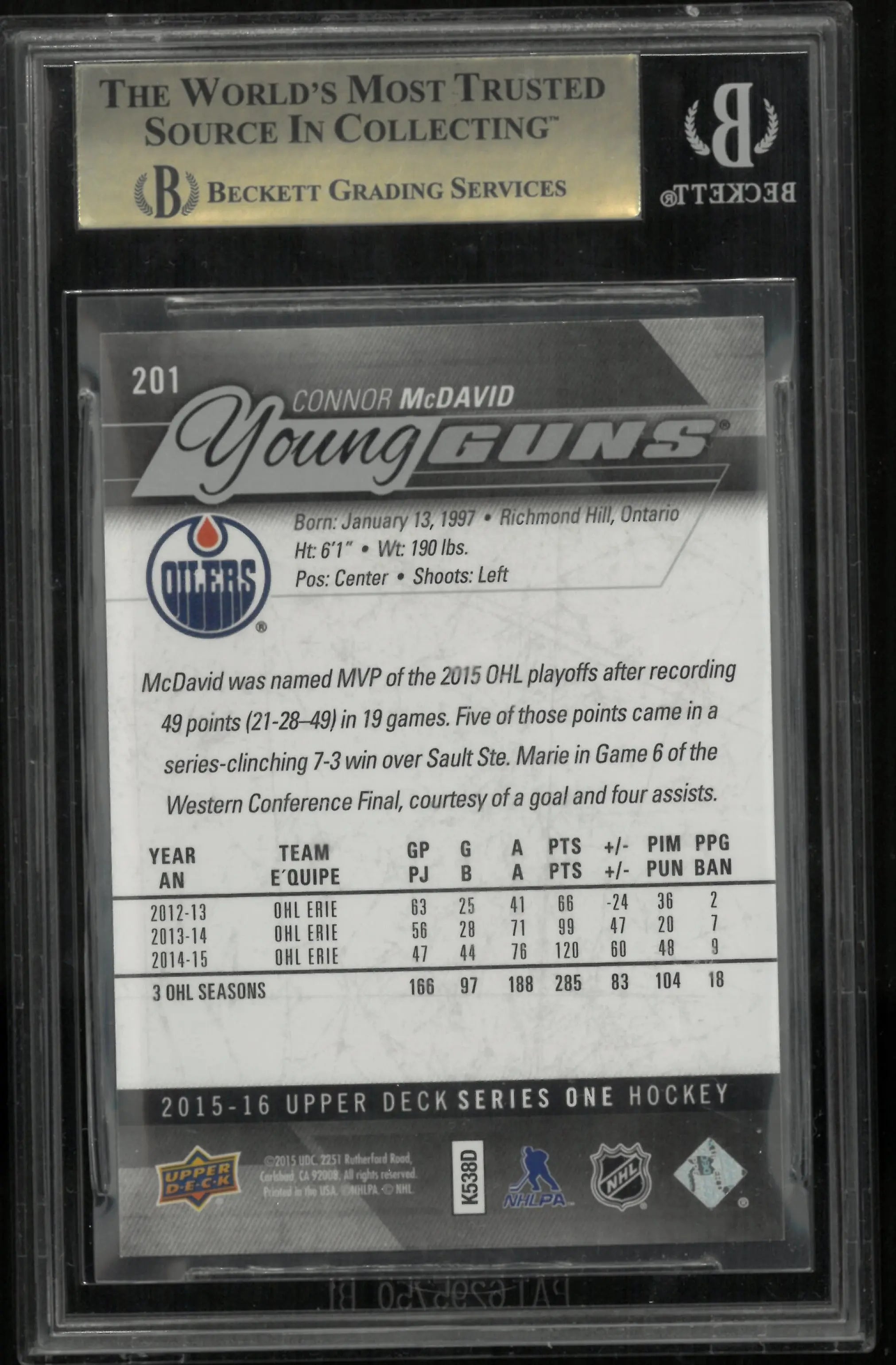 2015-16 Upper Deck Series One Connor McDavid Young Guns RC Rookie BGS 9.5 #201 