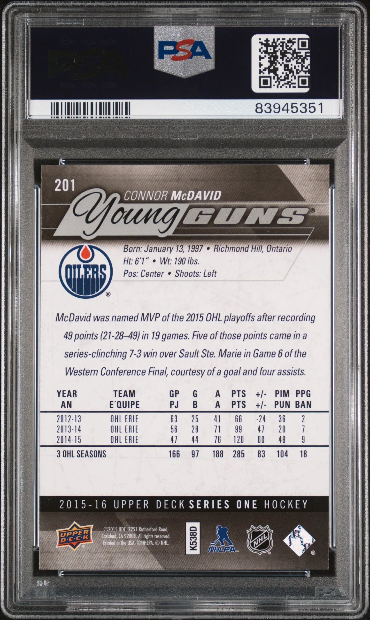 2015-16 Upper Deck Series One Connor McDavid Young Guns RC Rookie PSA 10 