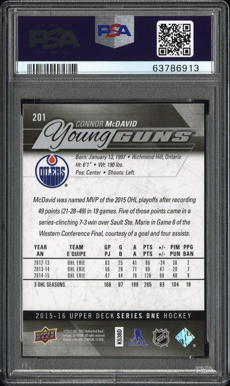 2015-16 Upper Deck Series One Connor McDavid Young Guns RC Rookie PSA 10 