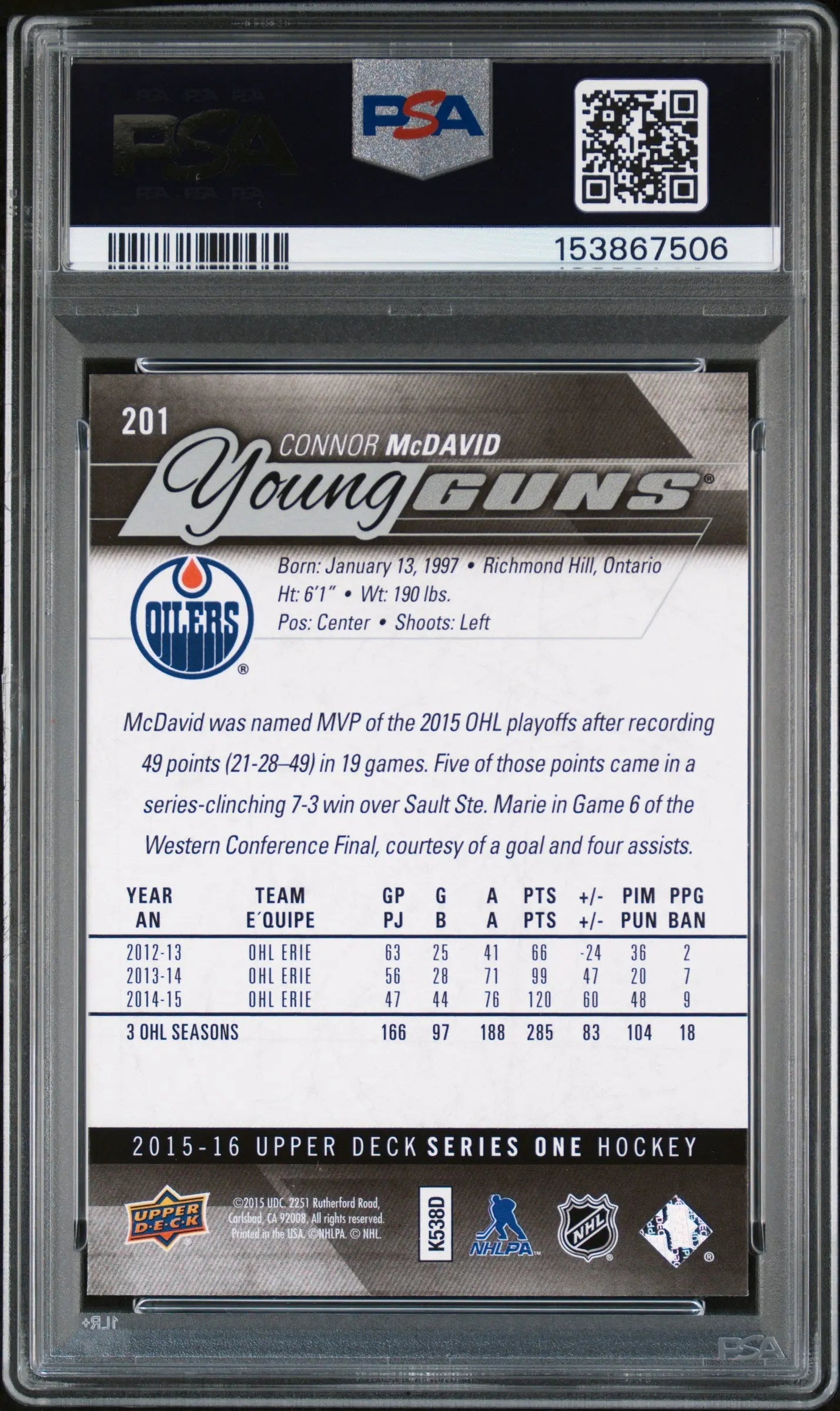 2015-16 Upper Deck Series One Connor McDavid Young Guns RC Rookie #201 PSA 9 