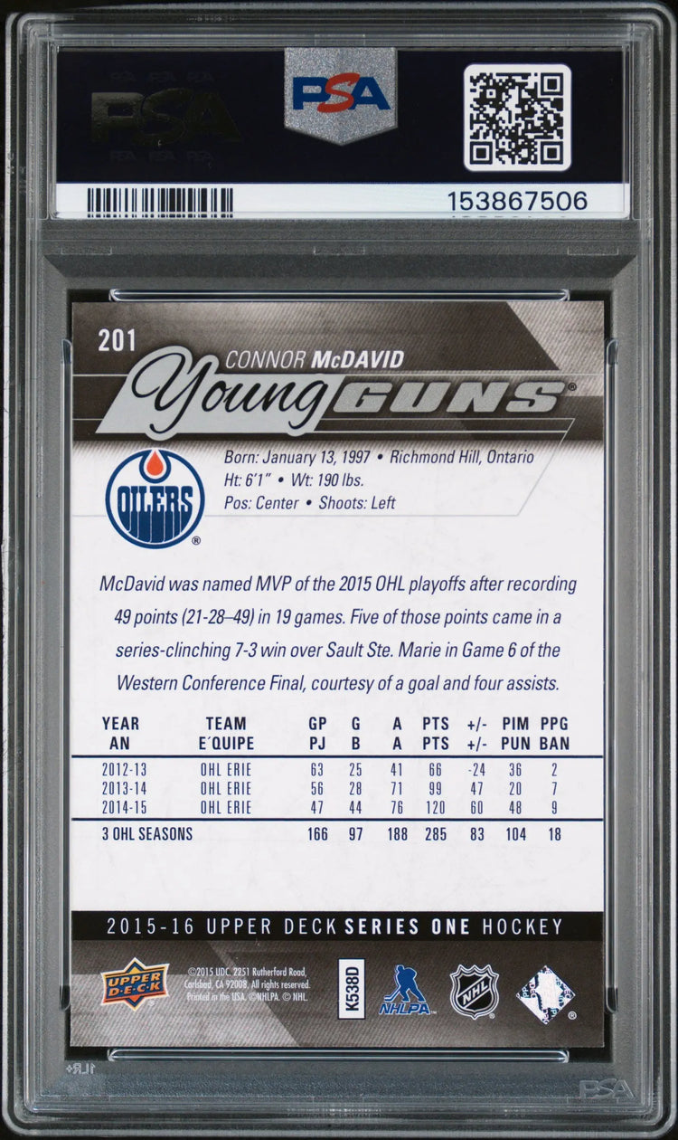 2015-16 Upper Deck Series One Connor McDavid Young Guns RC Rookie #201 PSA 9 