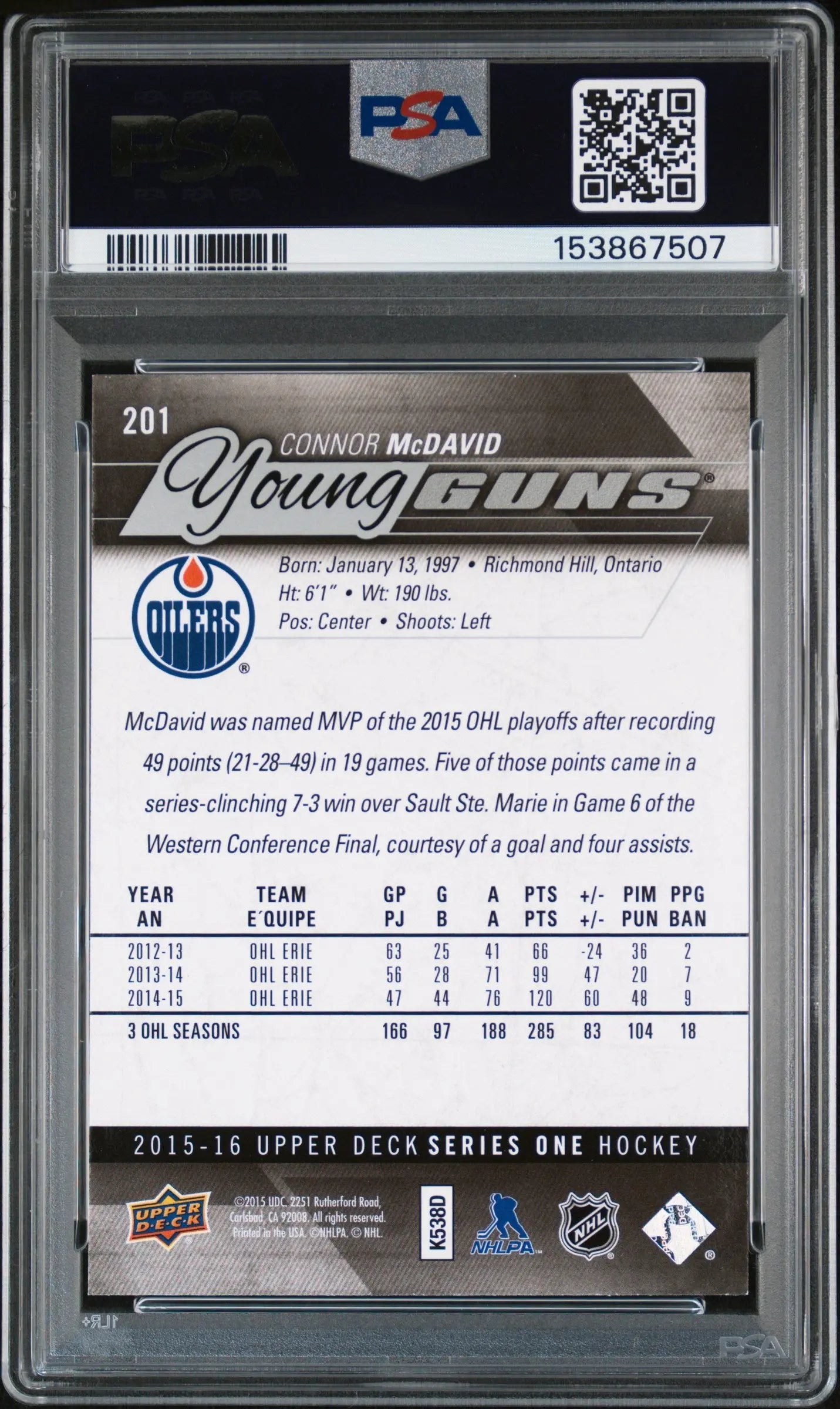 2015-16 Upper Deck Series One Connor McDavid Young Guns RC Rookie #201 PSA 9 