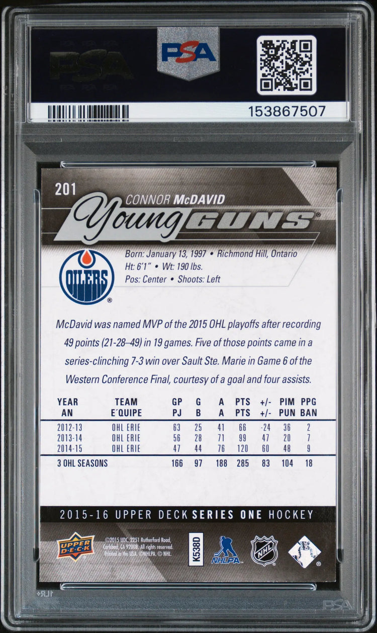2015-16 Upper Deck Series One Connor McDavid Young Guns RC Rookie #201 PSA 9 