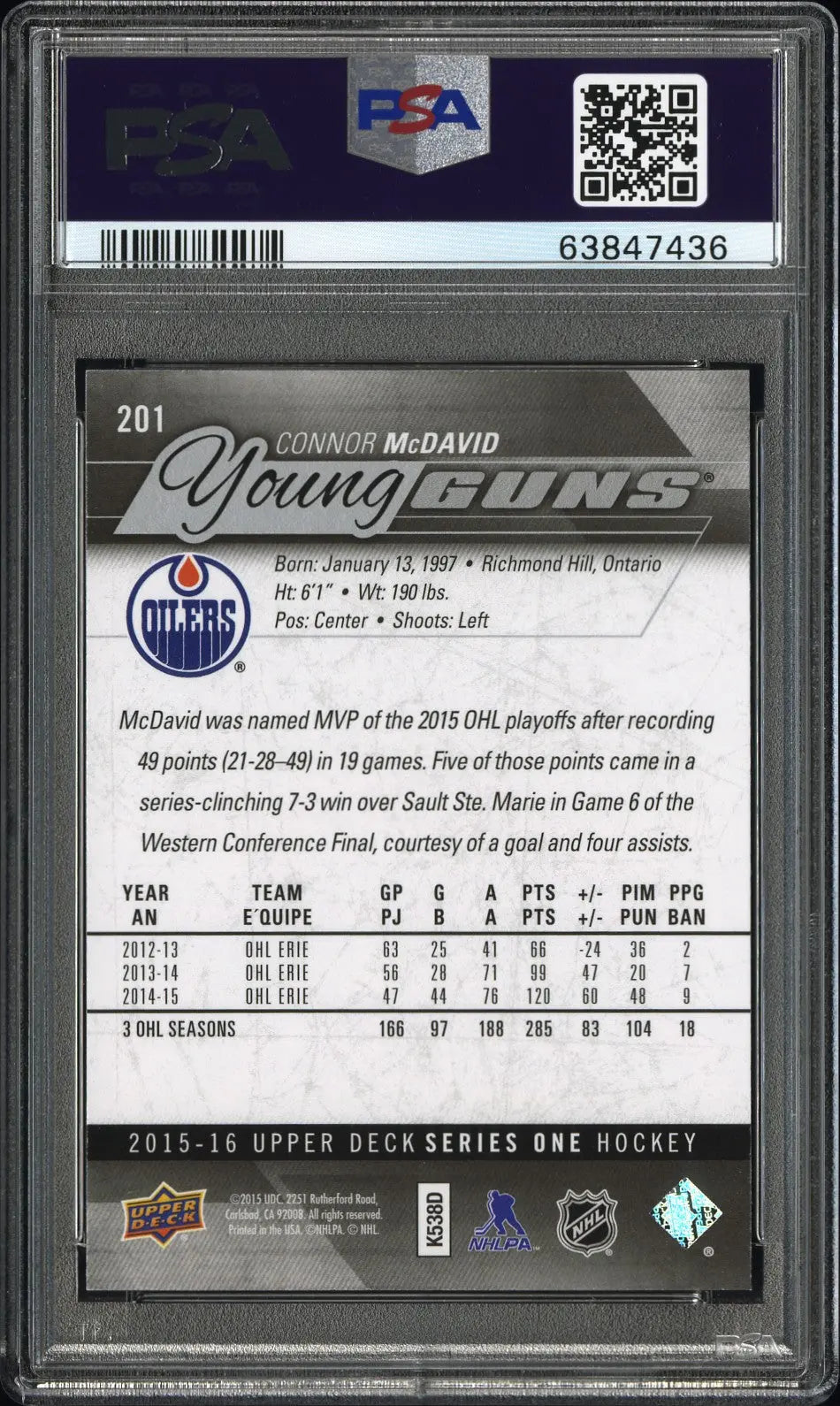 2015-16 Upper Deck Series One Connor McDavid Young Guns RC Rookie #201 PSA 9 