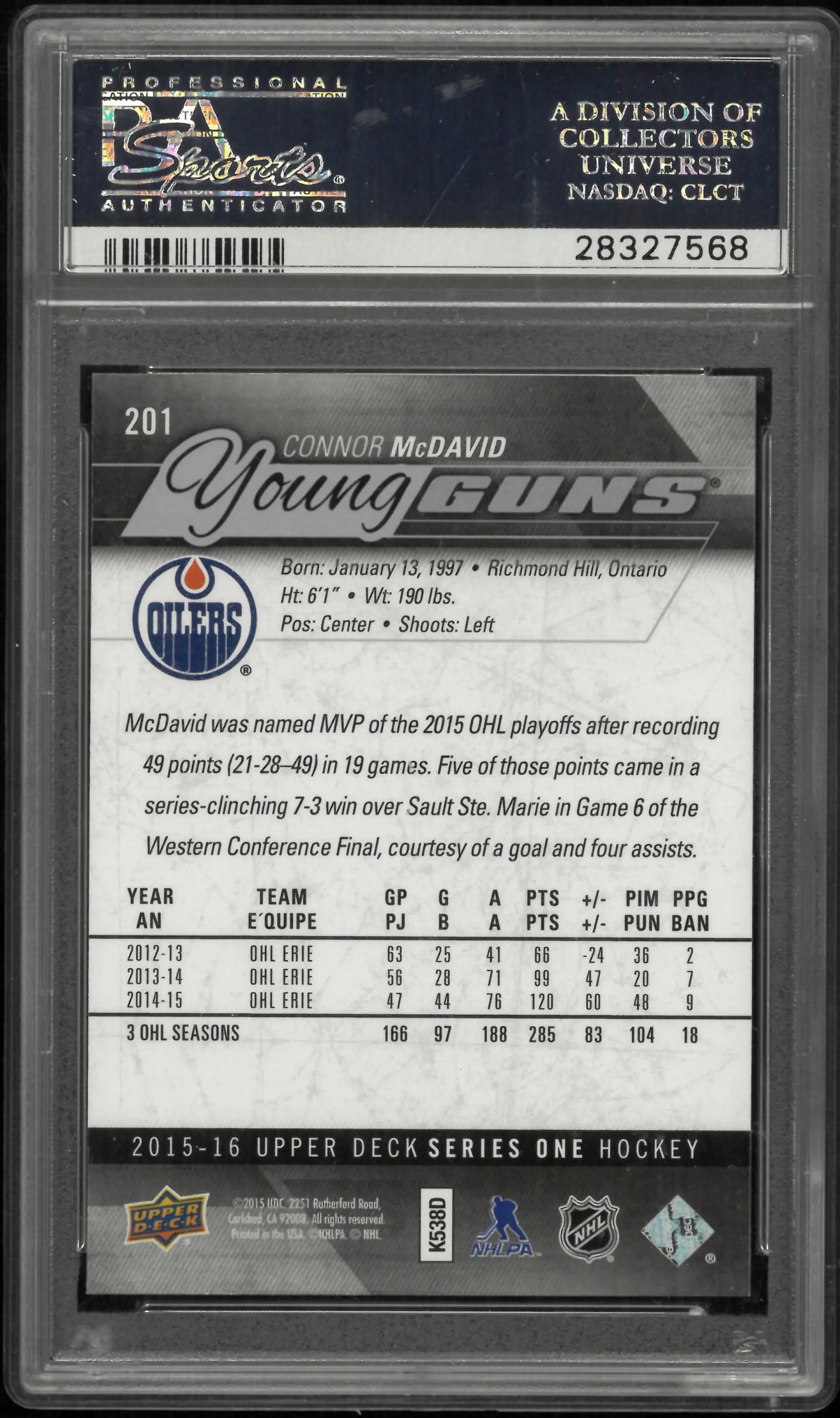 2015-16 Upper Deck Series One Connor McDavid Young Guns RC #201 PSA 10 