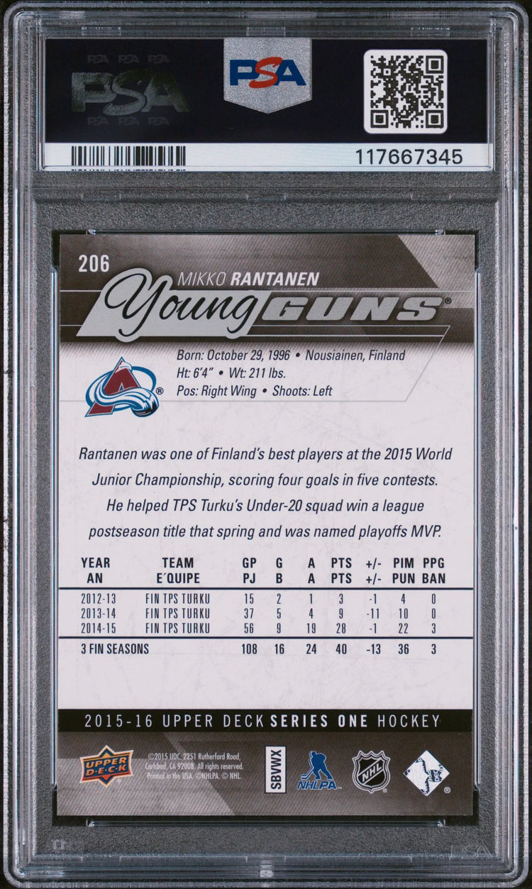 2015-16 Upper Deck  Series One Mikko Rantanen Young Guns RC Rookie #206 PSA 10 