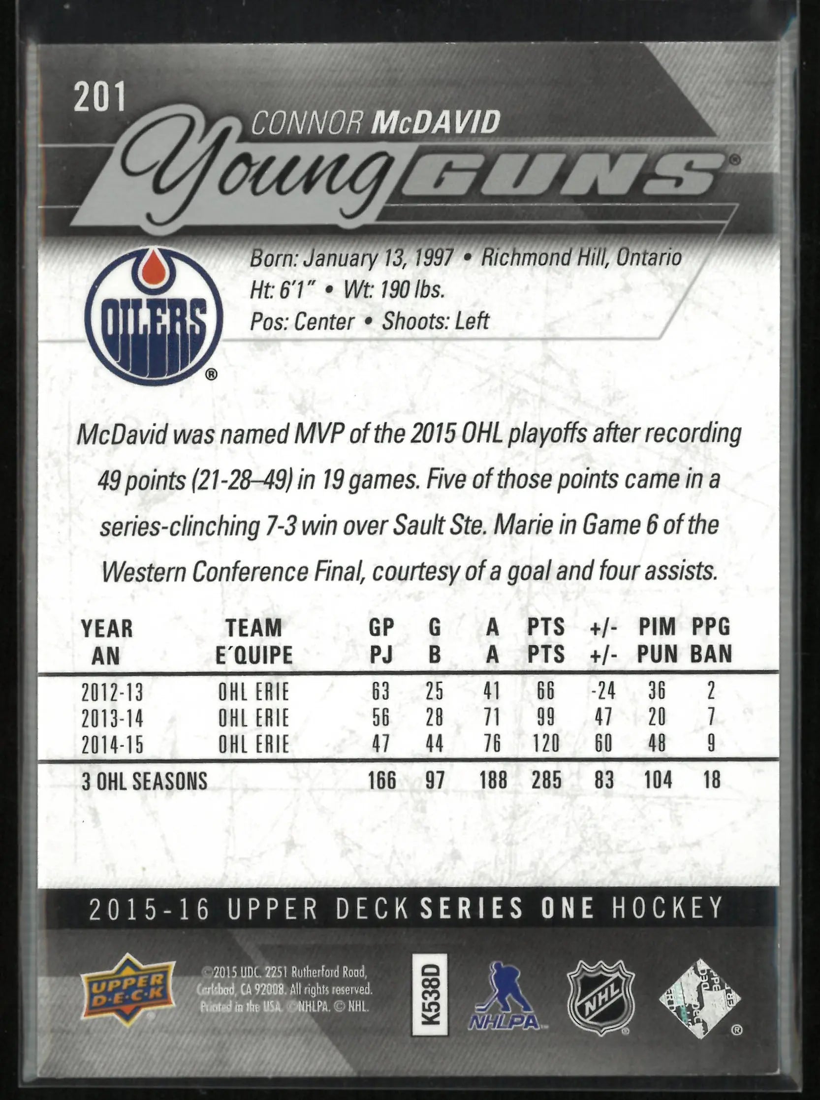 2015-16 Upper Deck Series One Young Guns Rookie Connor McDavid RC 