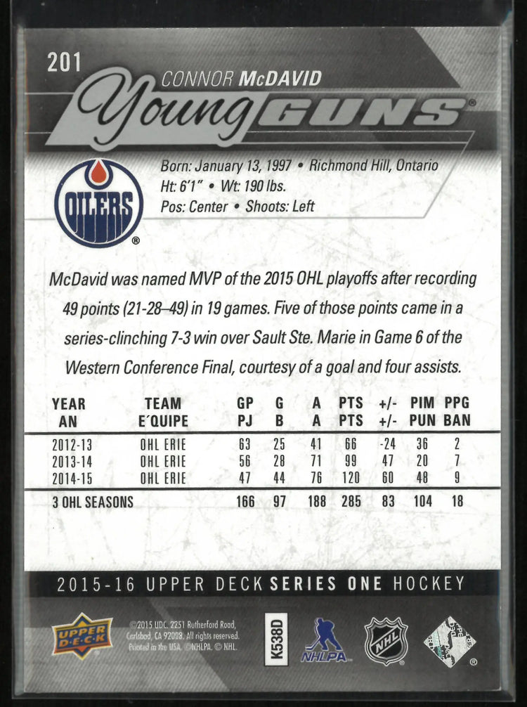 2015-16 Upper Deck Series One Young Guns Rookie Connor McDavid RC 