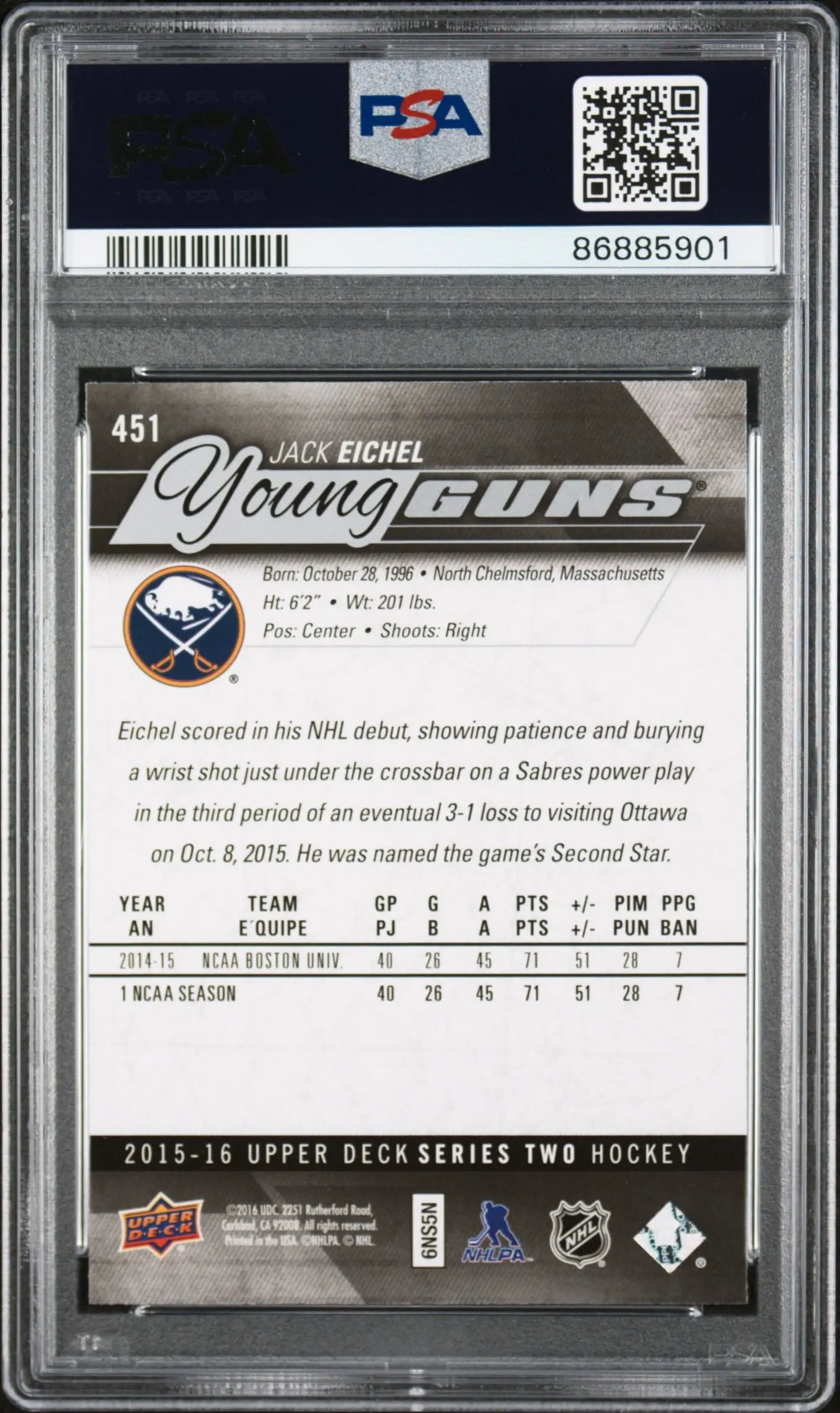 2015-16 Upper Deck Series Two Jack Eichel Young Guns RC Rookie PSA 10 