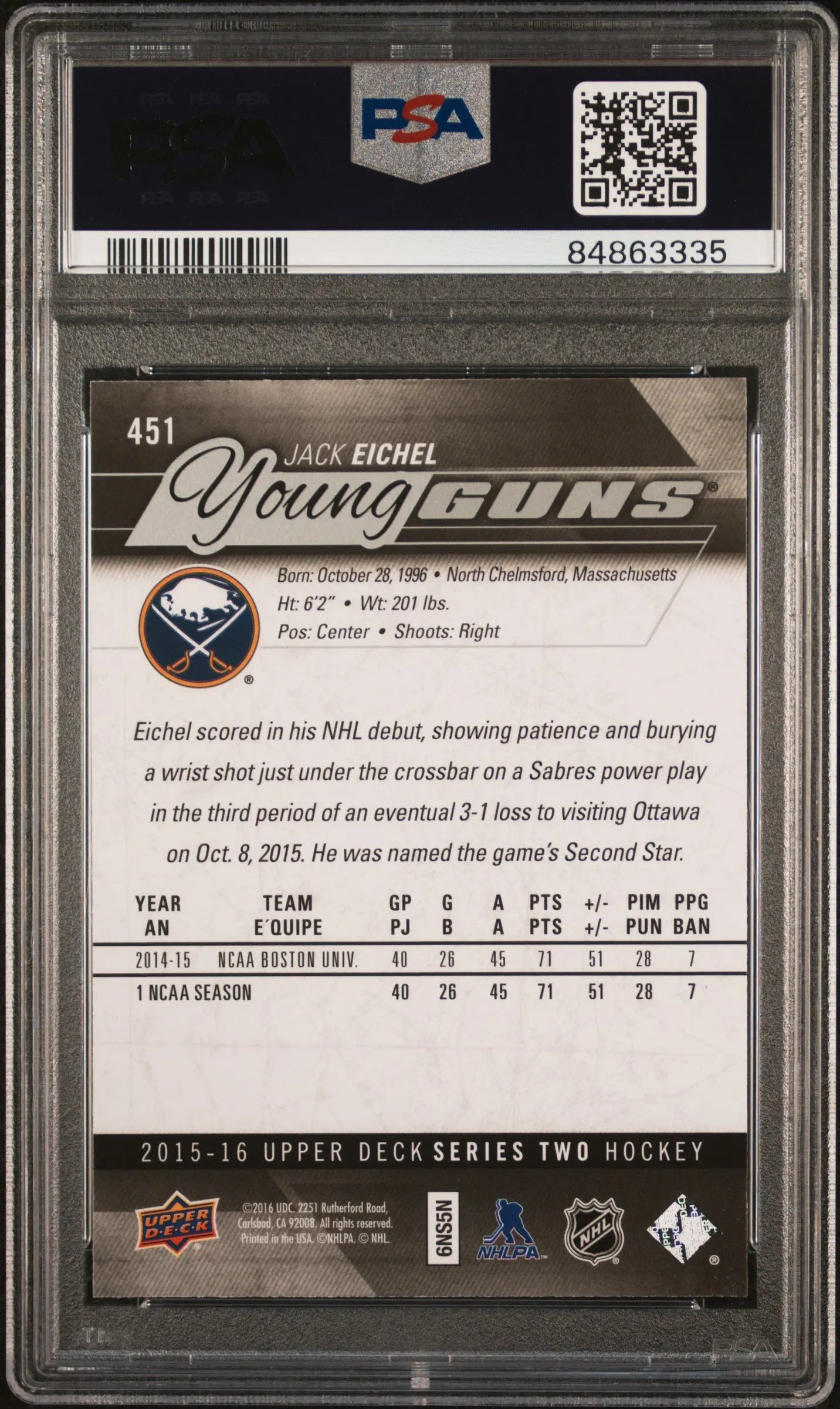 2015-16 Upper Deck Series Two Jack Eichel Young Guns RC Rookie #451 PSA 10 