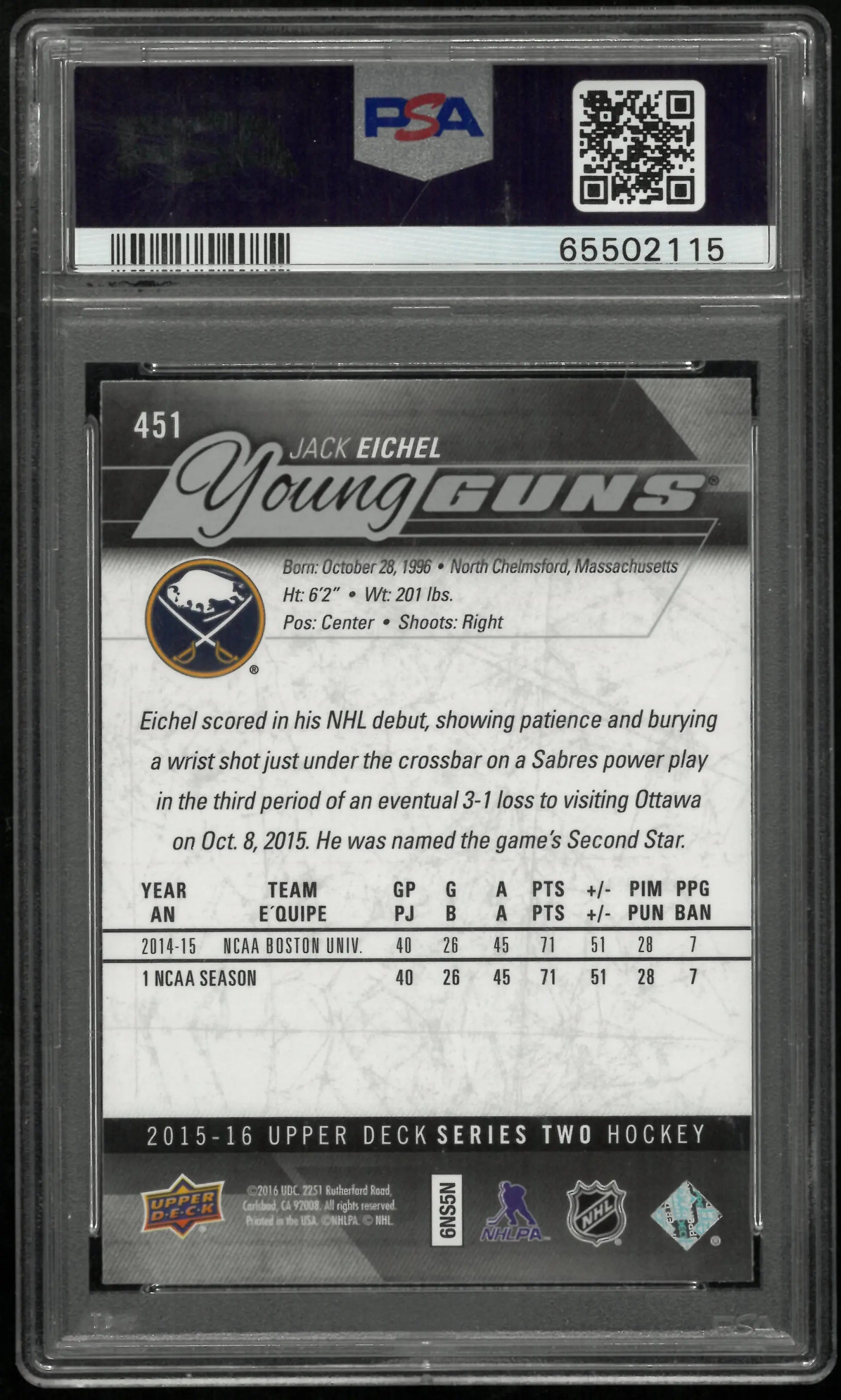 2015-16 Upper Deck Series Two Jack Eichel Young Guns RC Rookie #451 PSA 9 
