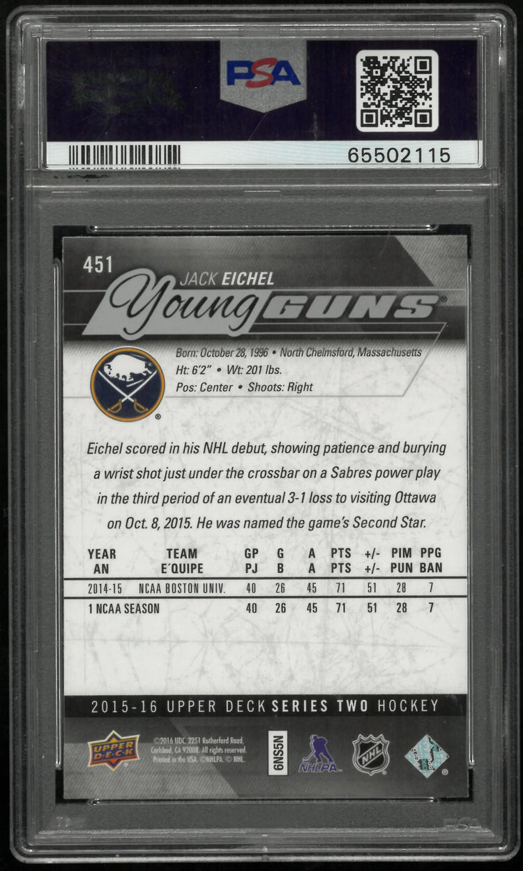 2015-16 Upper Deck Series Two Jack Eichel Young Guns RC Rookie #451 PSA 9 