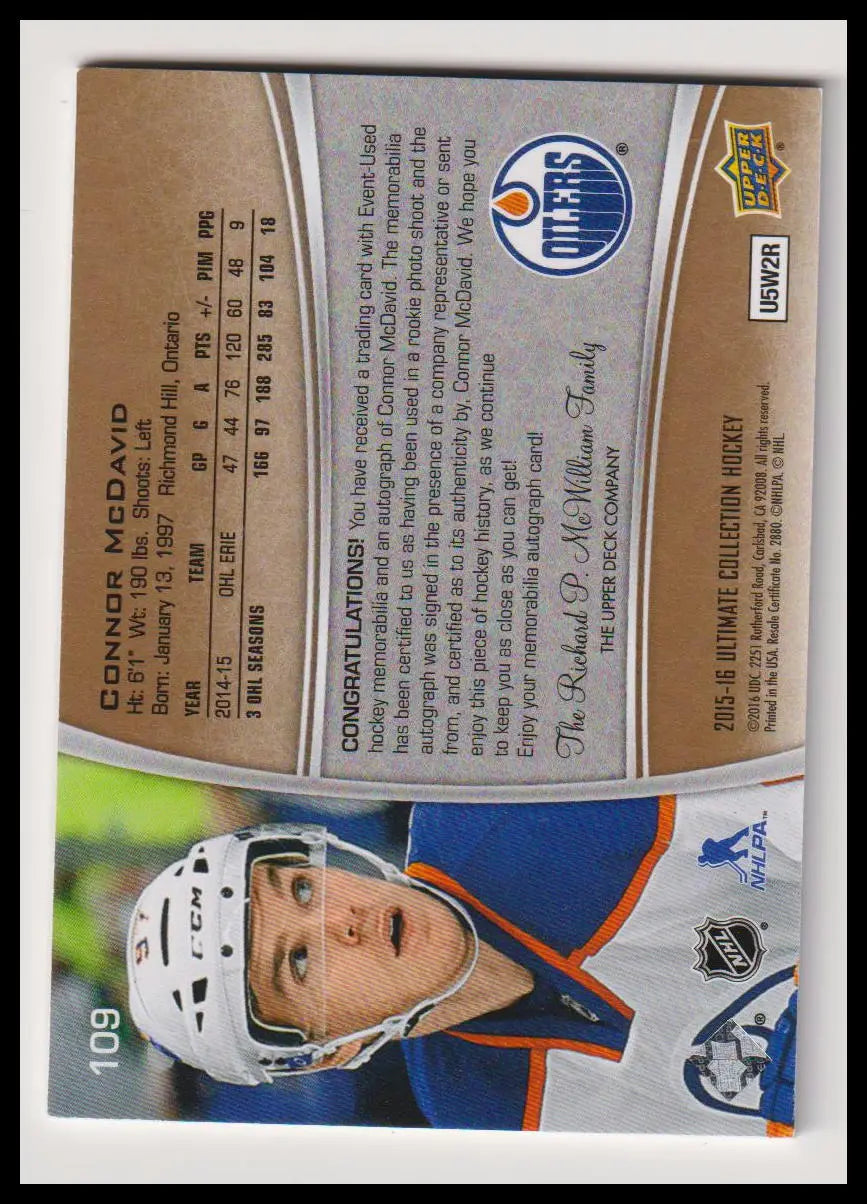 2015-16 Upper Deck Ultimate Rookie Patch Autograph Connor McDavid Auto /49 RC 