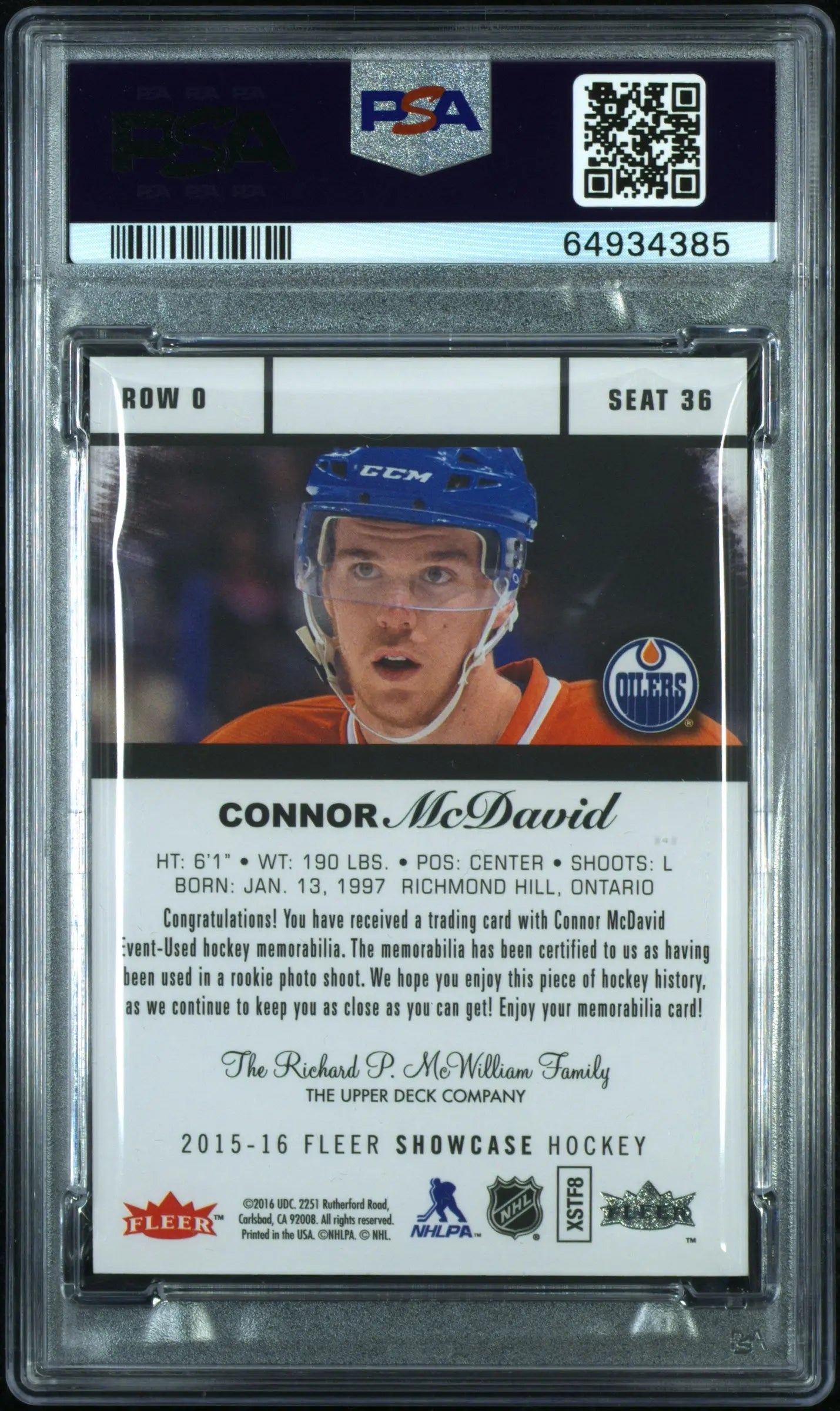 2015 Fleer Flair Showcase Rookie Patch Connor McDavid Material RC PSA 10 