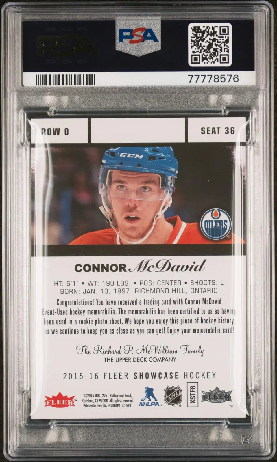2015 Fleer Showcase Flair Material Patch Rookie Connor McDavid RC PSA 8 