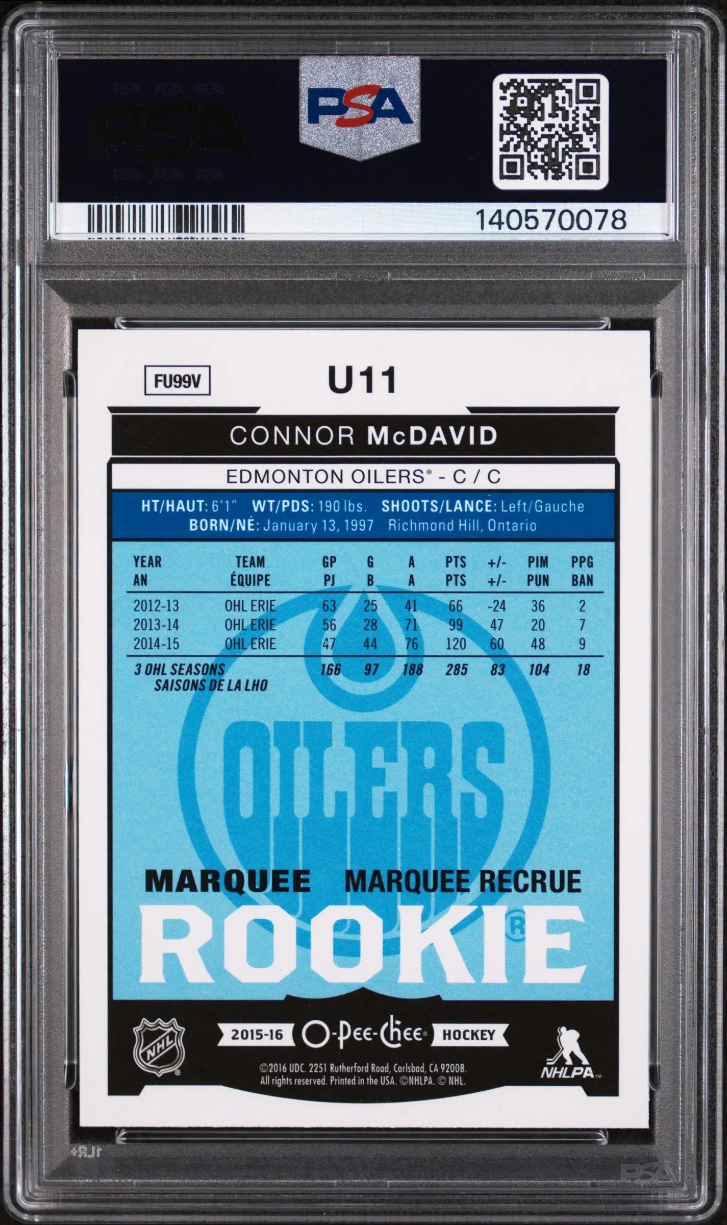 2015 O-Pee-Chee Update  Marquee Rookie Connor McDavid Rainbow Foil RC PSA 9 