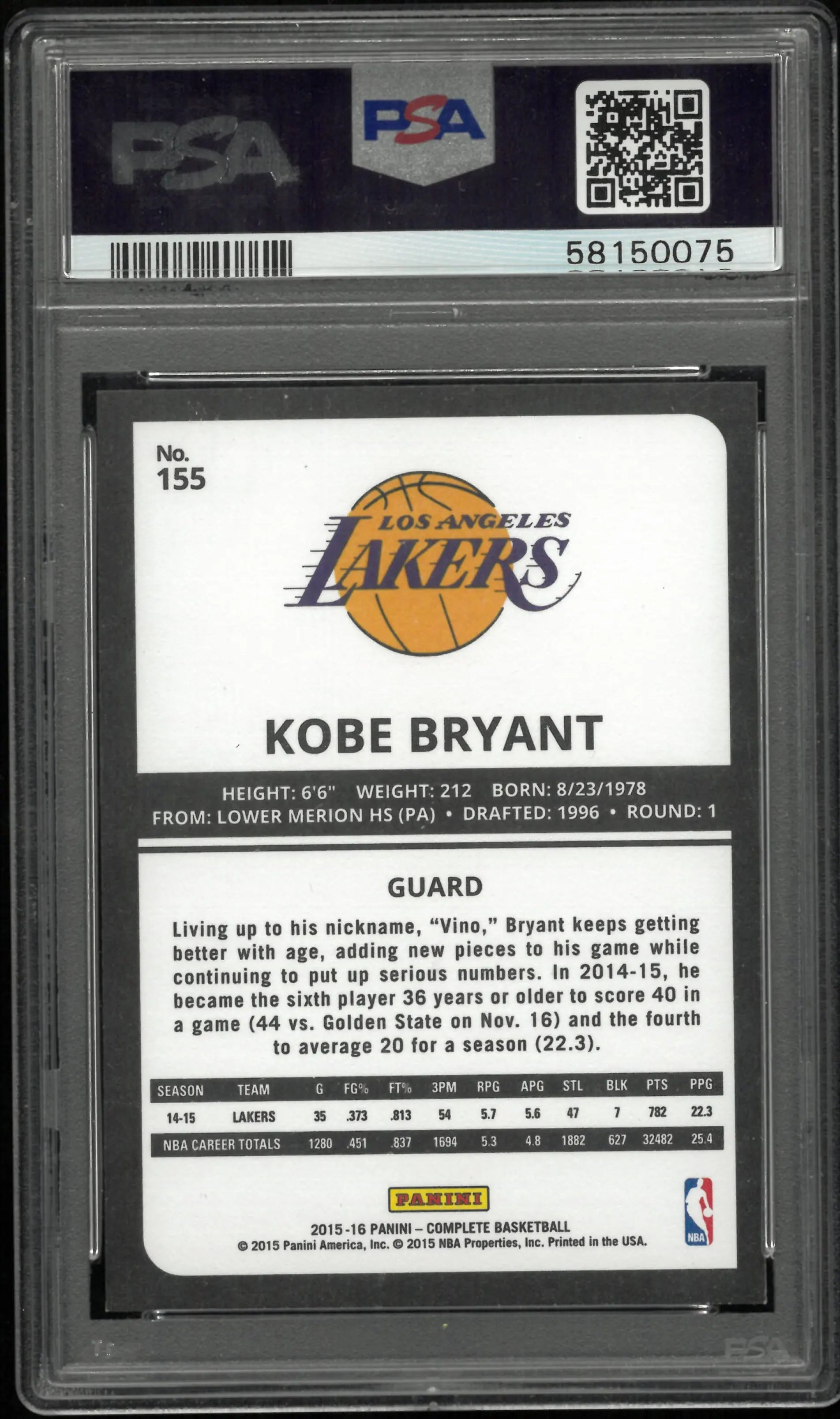 2015 Panini Complete Kobe Bryant  PSA 9 