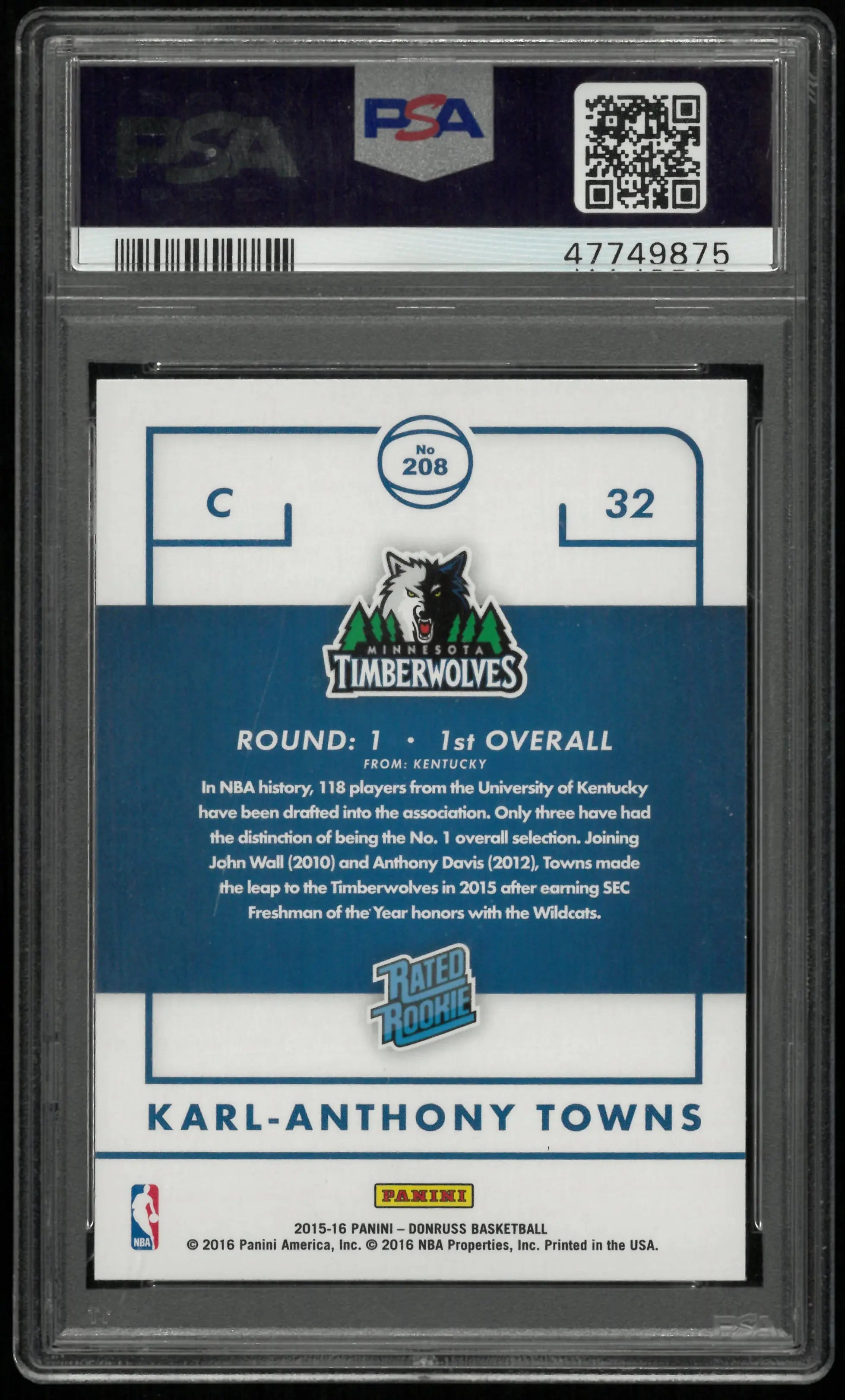 2015 Panini Donruss Rated Rookie Karl-Anthony Towns RC PSA 10 