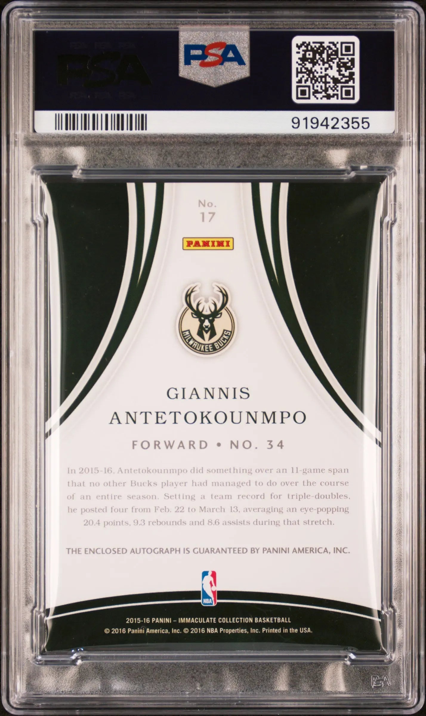 2015 Panini Immaculate Col. Autographs Auto Giannis Antetokounmpo #17 PSA 8 /99 