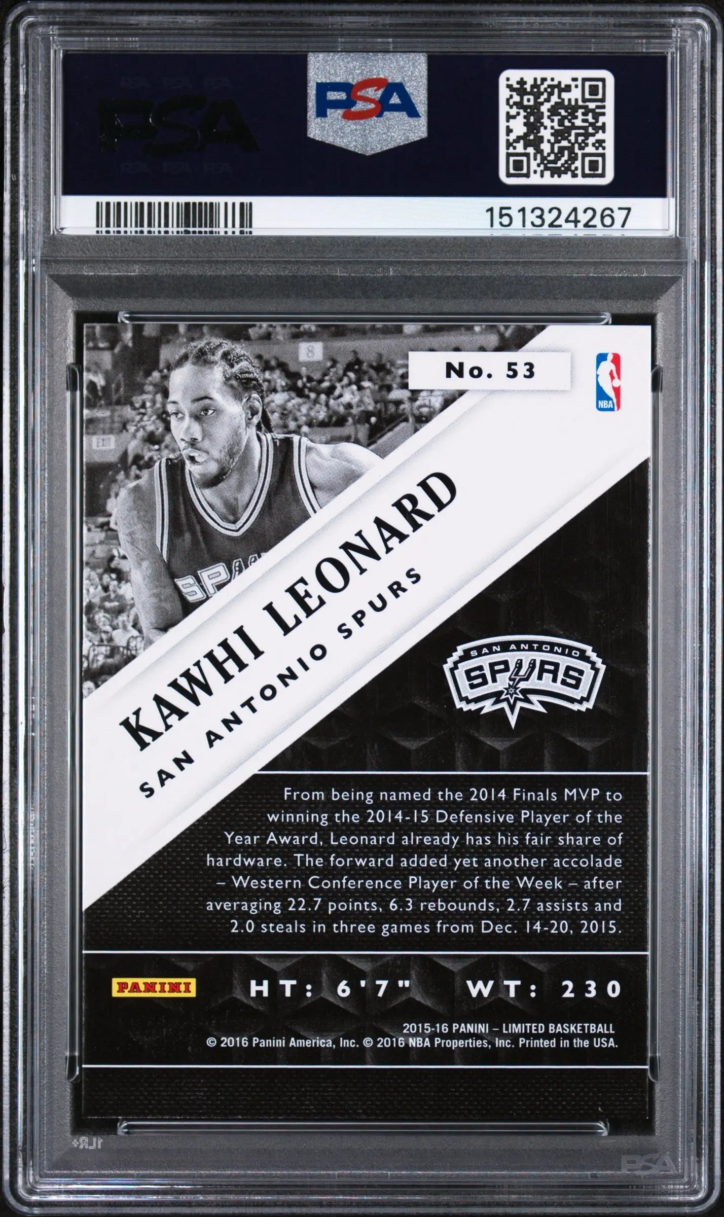 2015 Panini Limited Kawhi Leonard #53 /80 PSA 9 