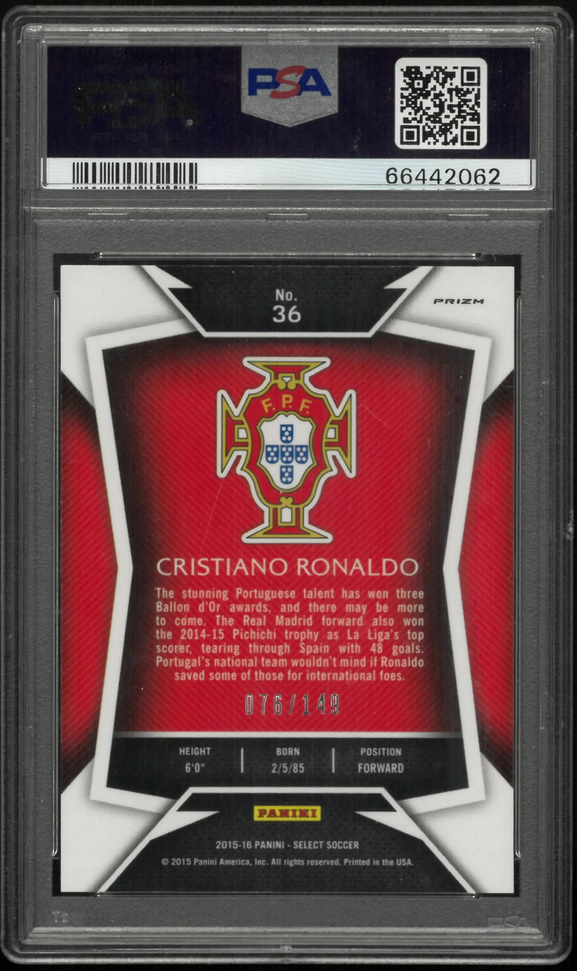 2015 Panini Select Cristiano Ronaldo White Jersey Orange Prizm PSA 10 /149 