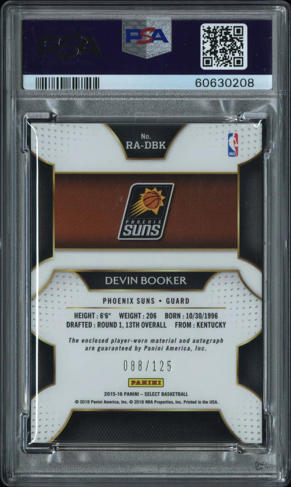 2015 Panini Select Rookie Autograph Materials Devin Booker Auto /125 RC PSA 9 