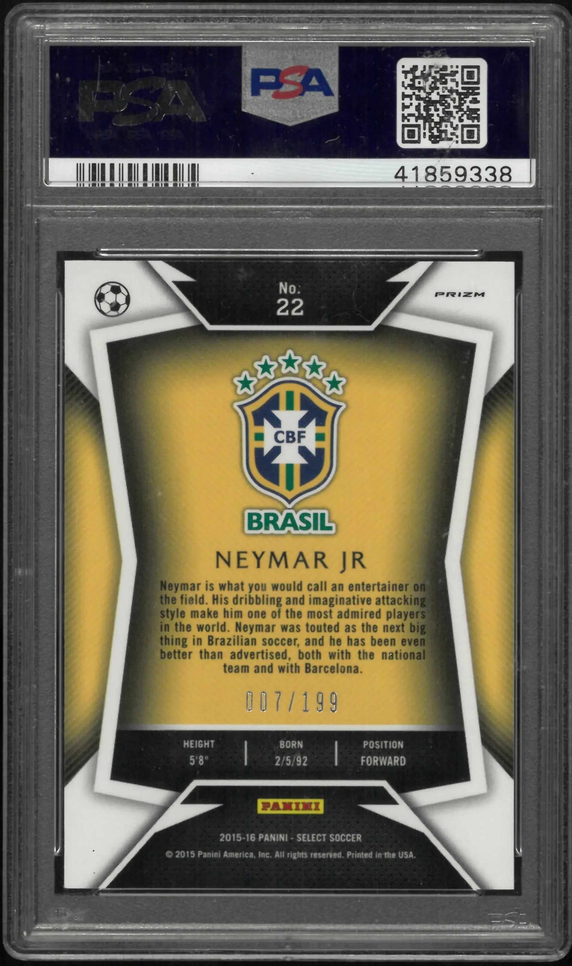2015 Panini Select Soccer Neymar JR. Blue Jersey Red Prizm PSA 10 /199 