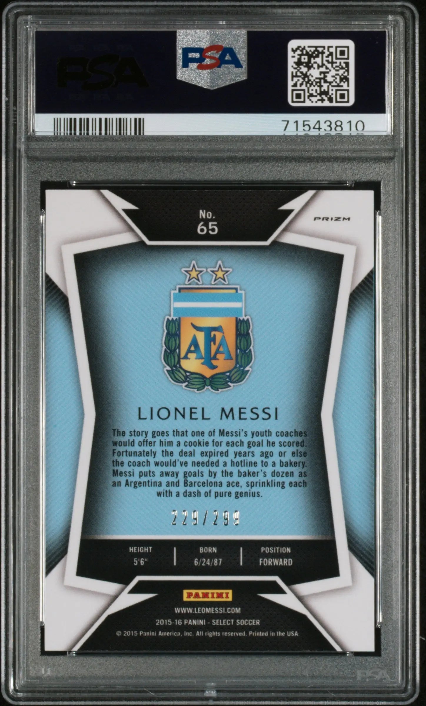2015 Select Soccer Lionel Messi Striped Jersey Blue Prizm PSA 10 /299 