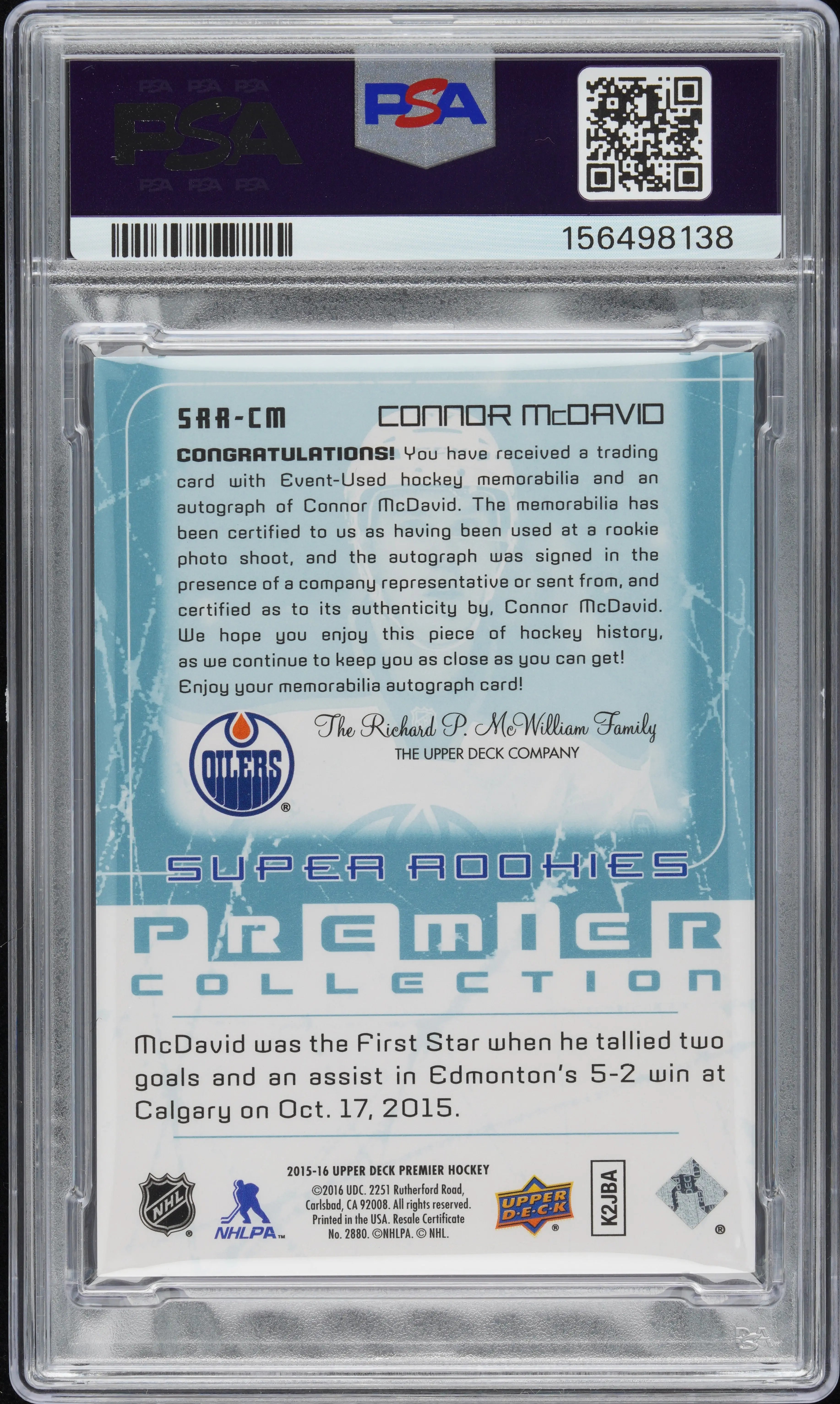 2015 UD Premier '03 Tribute Rookie Auto Patch Connor McDavid RC /49 PSA Auth 