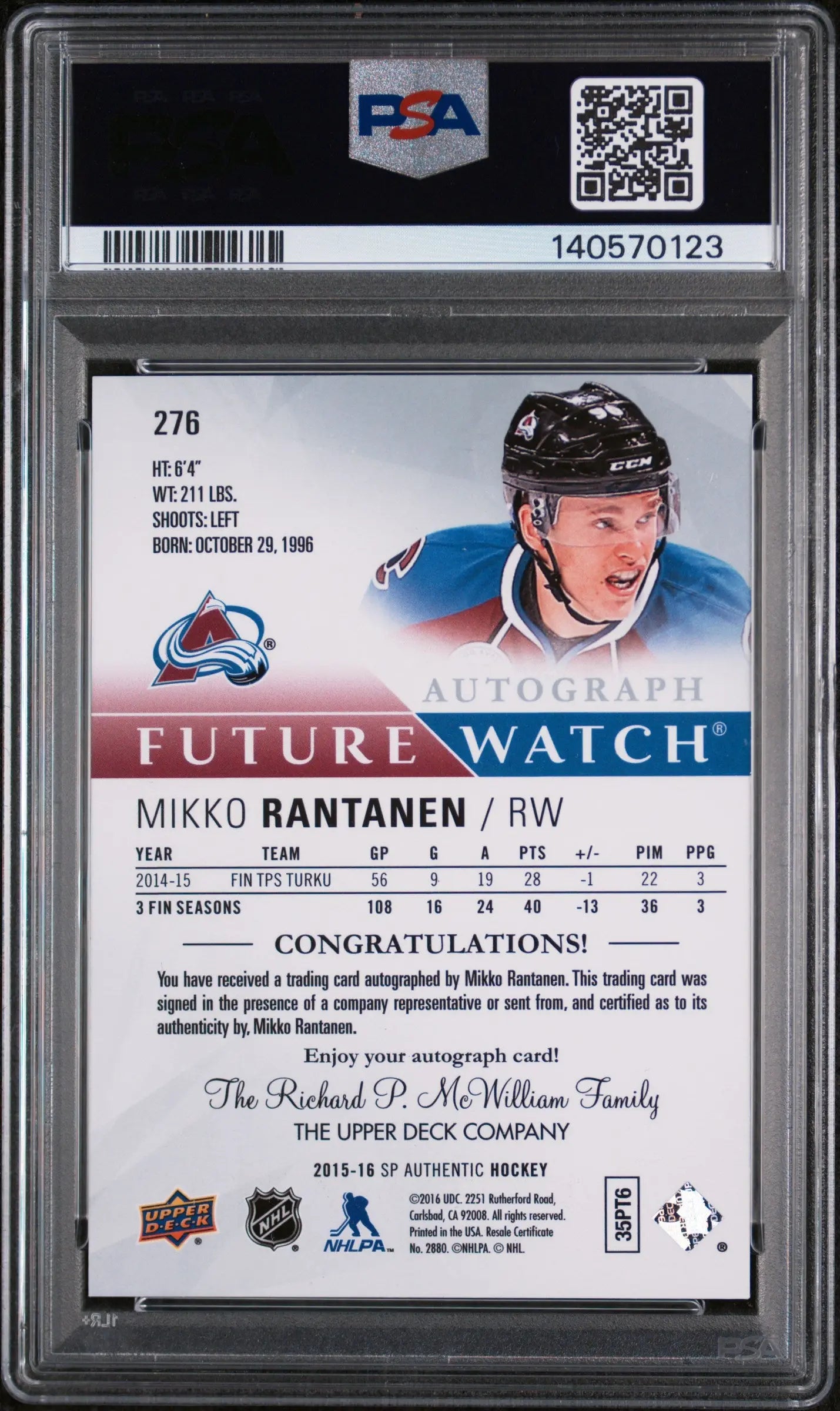 2015 UD SP Authentic Future Watch Rookie Mikko Rantanen Autograph RC/999 PSA 9 