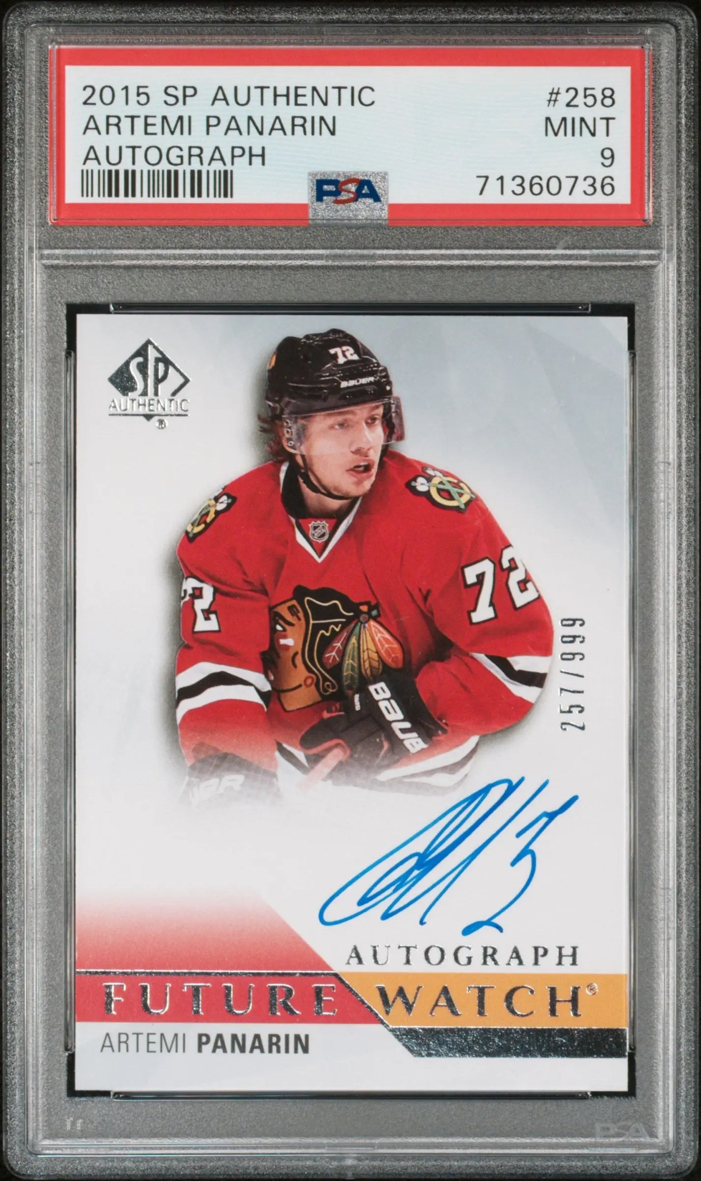 2015 UD Sp Authentic Future Watch Rookie Autograph Artemi Panarin  /999 RC PSA 9 