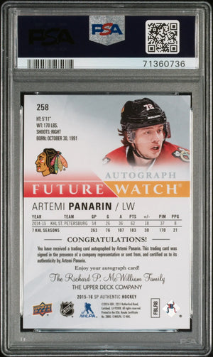 2015 UD Sp Authentic Future Watch Rookie Autograph Artemi Panarin  /999 RC PSA 9 