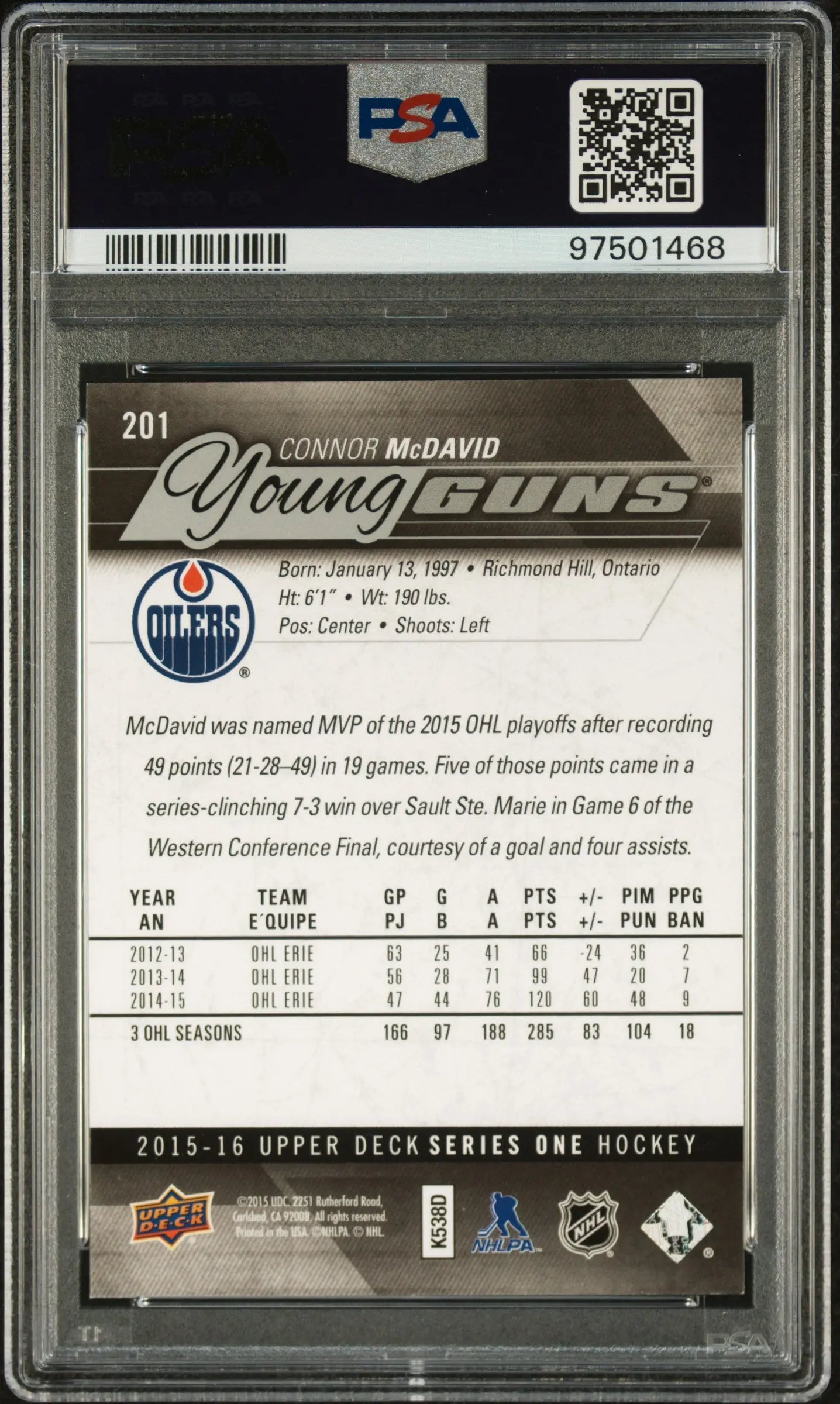 2015 Upper Deck Connor McDavid #201 / PSA 9 