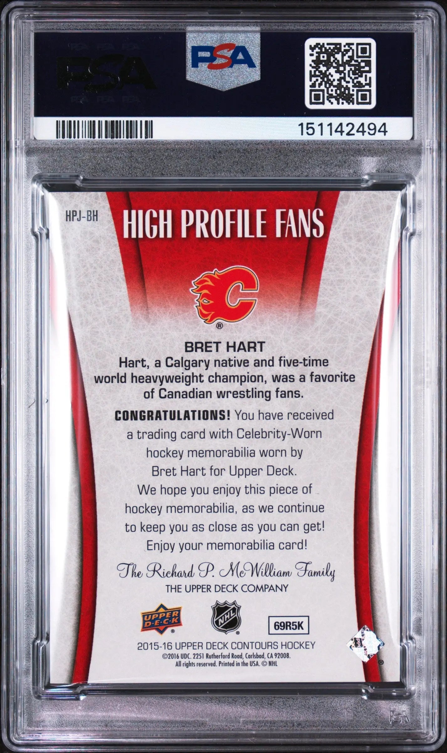 2015 Upper Deck Contours High Profile Fans Jersey Patch Bret Hart  PSA 9 