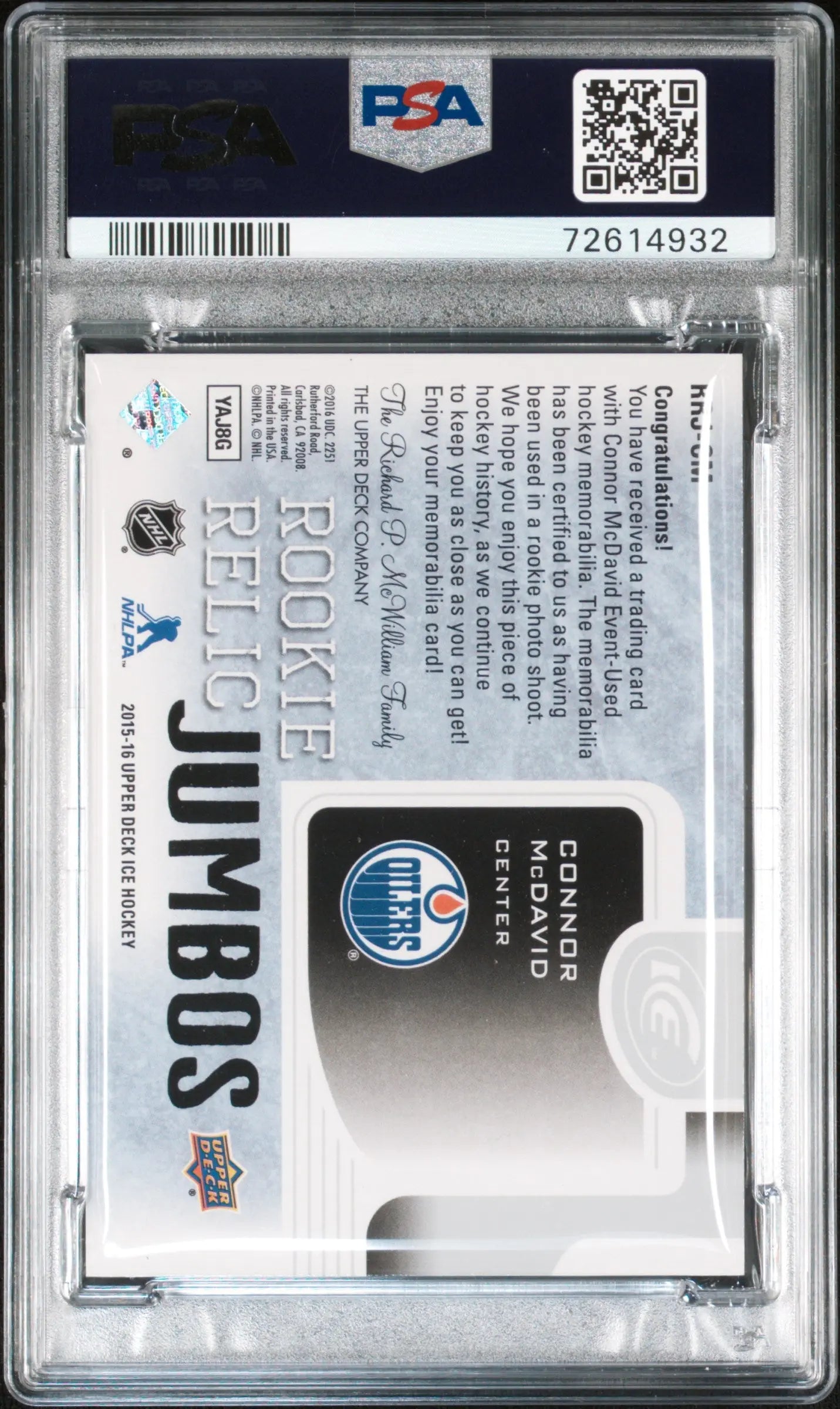 2015 Upper Deck Ice Rookie Relic Jumbo Connor McDavid Patch RC /299 PSA 9 