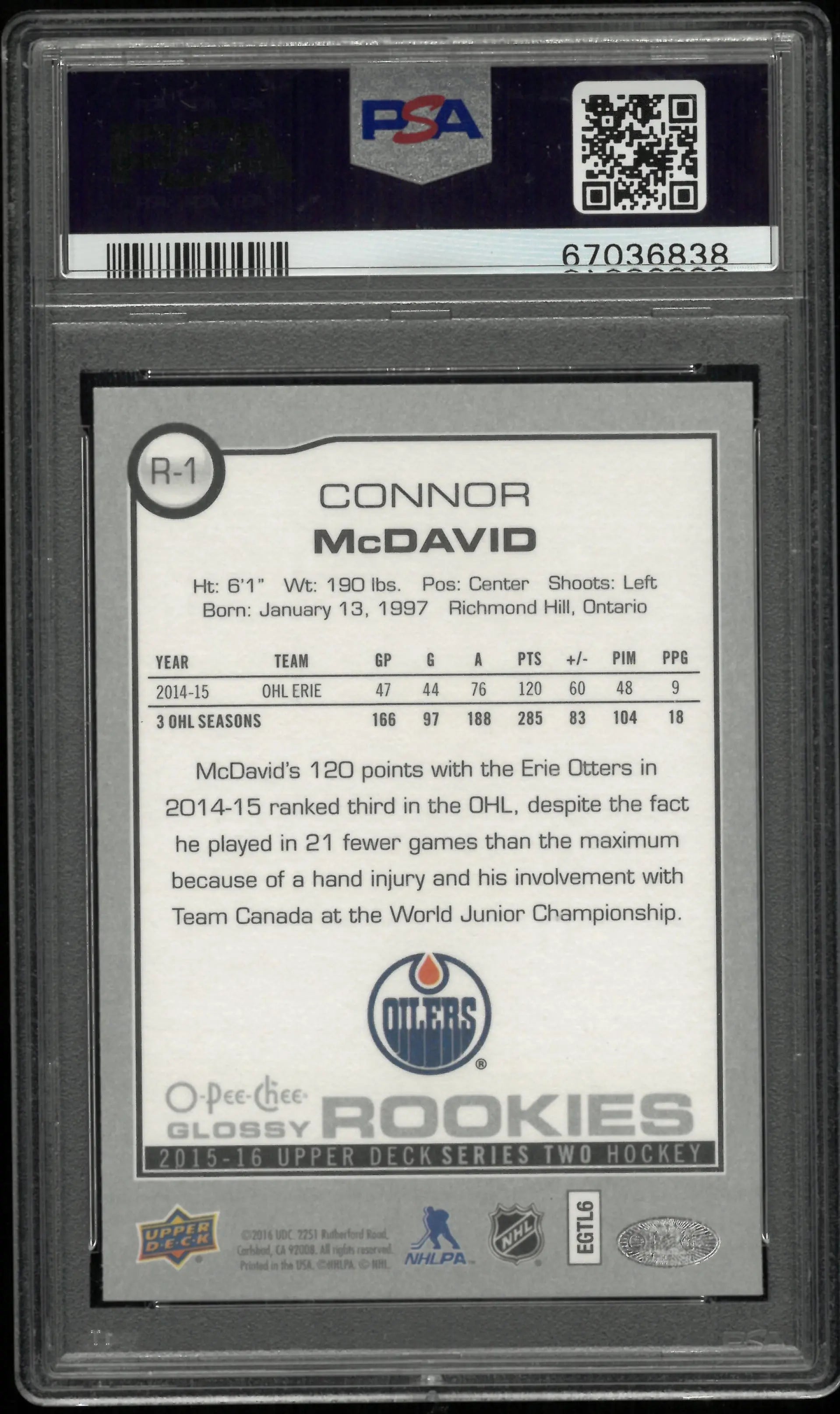 2015 Upper Deck O-Pee-Chee Glossy Rookies Connor McDavid #R-1 PSA 9 