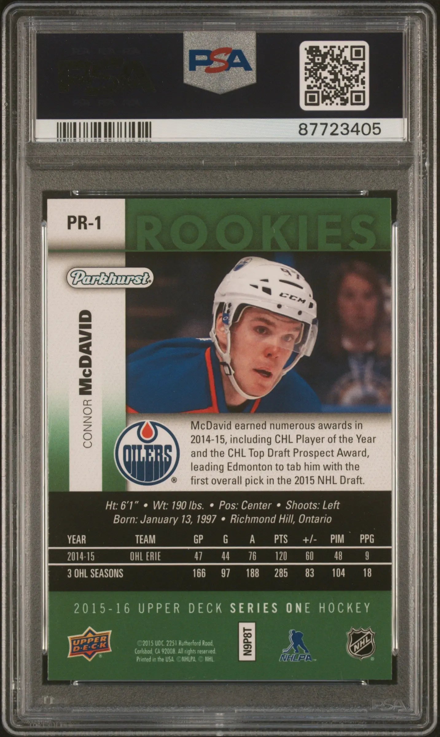 2015 Upper Deck Parkhurst Rookies Connor McDavid RC PSA 10 